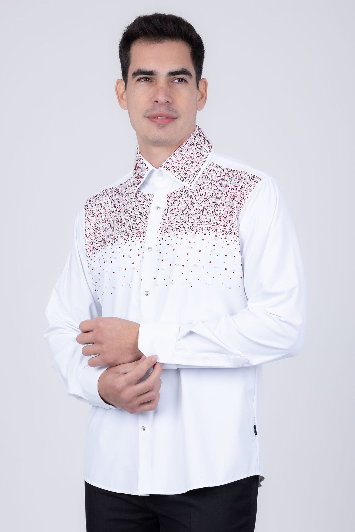 Barabas Men's Rhinestones Pearls Button Down Long Sleeve Shirts 4BR413 White Red