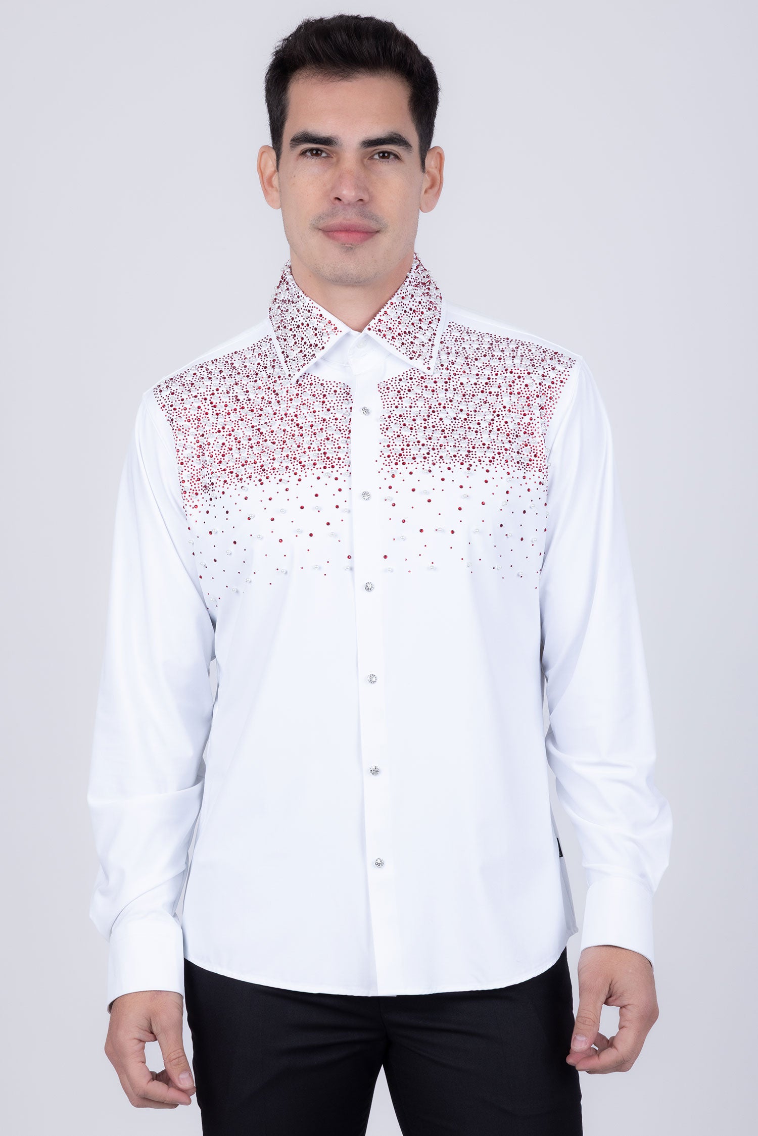 Barabas Men's Rhinestones Pearls Button Down Long Sleeve Shirts 4BR413 White Red