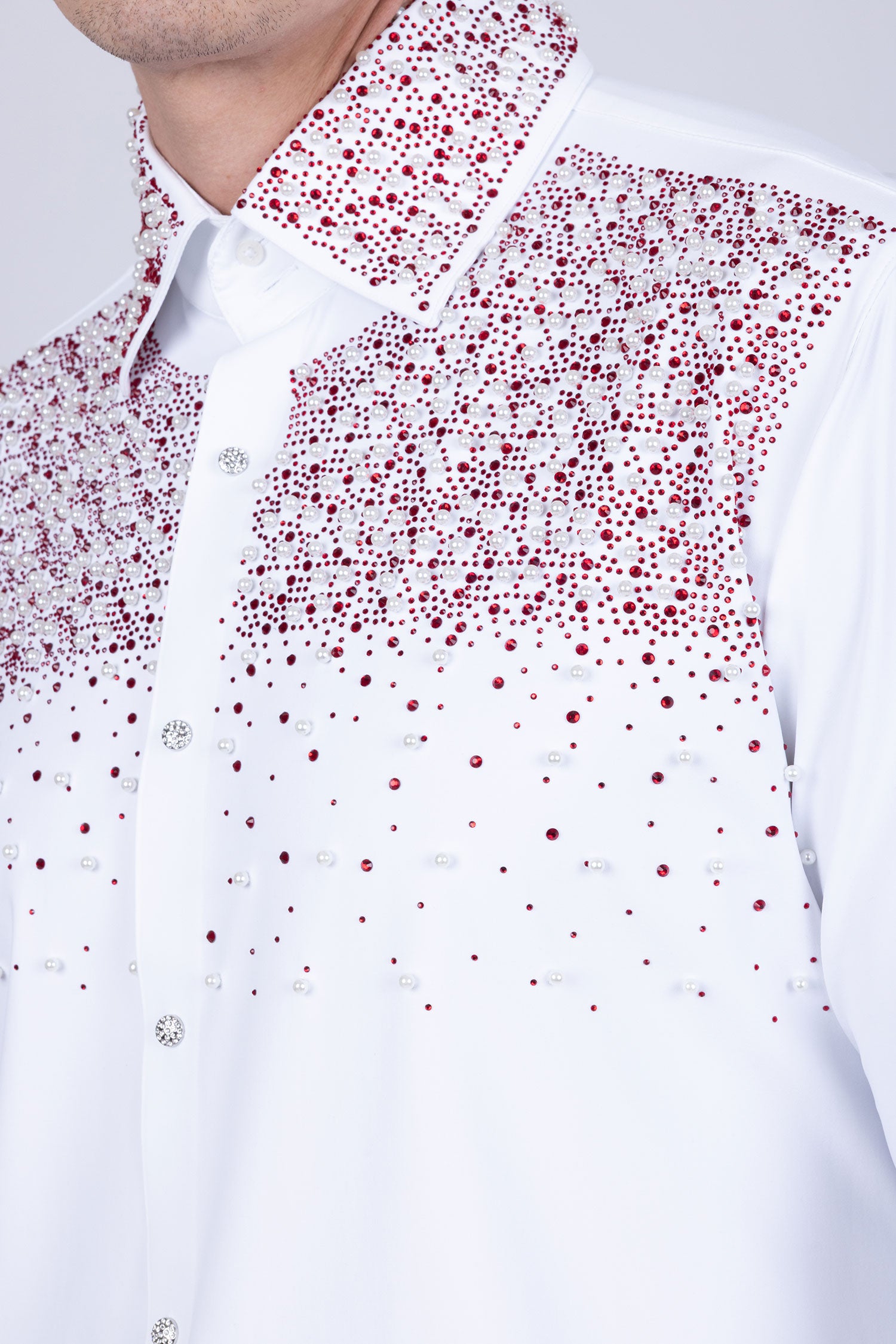 Barabas Men's Rhinestones Pearls Button Down Long Sleeve Shirts 4BR413 White Red
