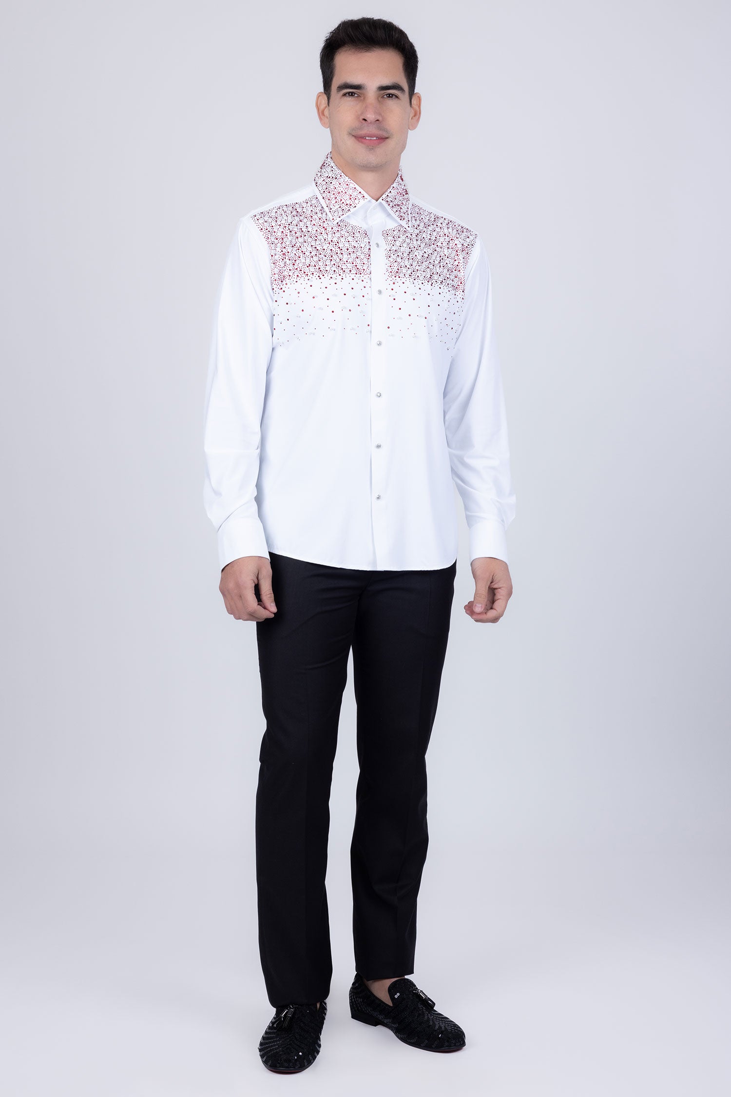 Barabas Men's Rhinestones Pearls Button Down Long Sleeve Shirts 4BR413 White Red