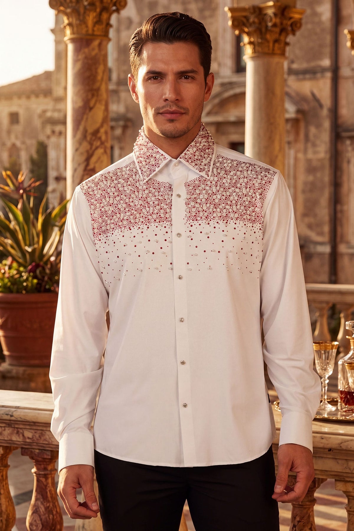 Barabas Men's Rhinestones Pearls Button Down Long Sleeve Shirts 4BR413 White Red