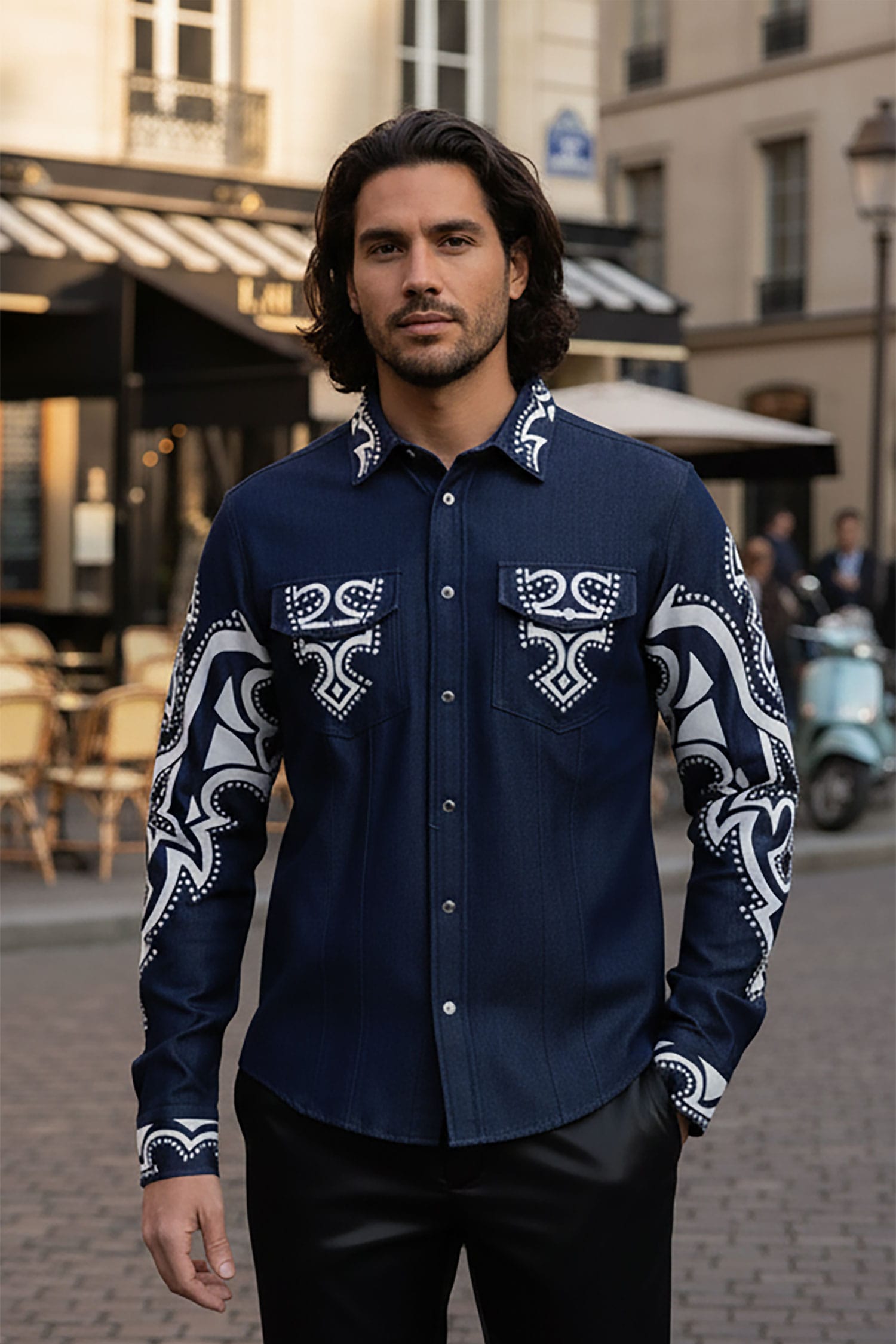 Barabas Men's Studded Stretchy Button Down Long Sleeve Shirts 4BR414 Blue