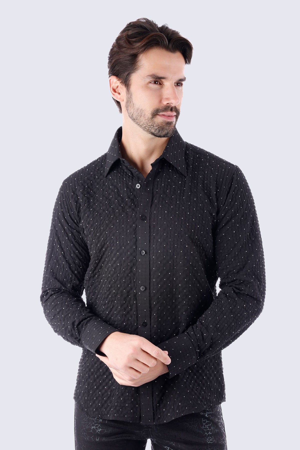 Barabas Men's Rhinestones Button Down Long Sleeve Shirts 4BR58 #Color_Black