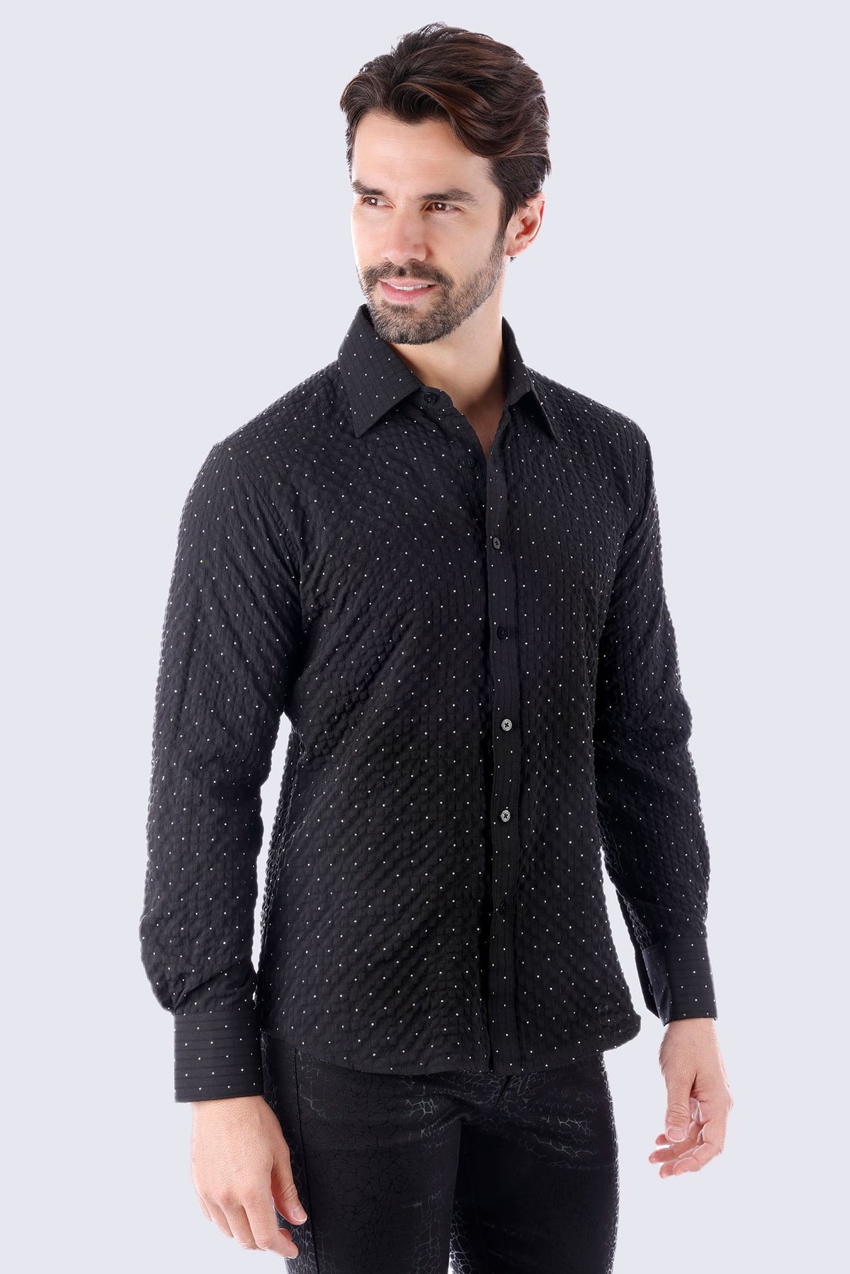 Barabas Men's Rhinestones Button Down Long Sleeve Shirts 4BR58 #Color_Black