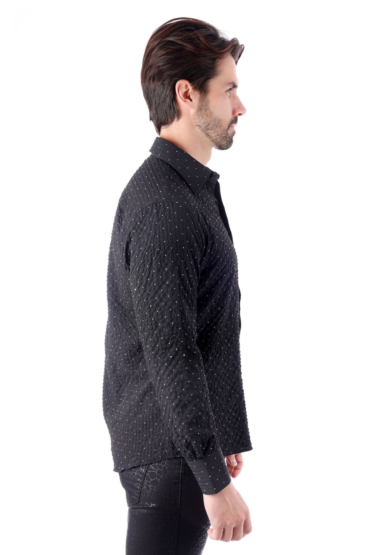 Barabas Men's Rhinestones Button Down Long Sleeve Shirts 4BR58 #Color_Black