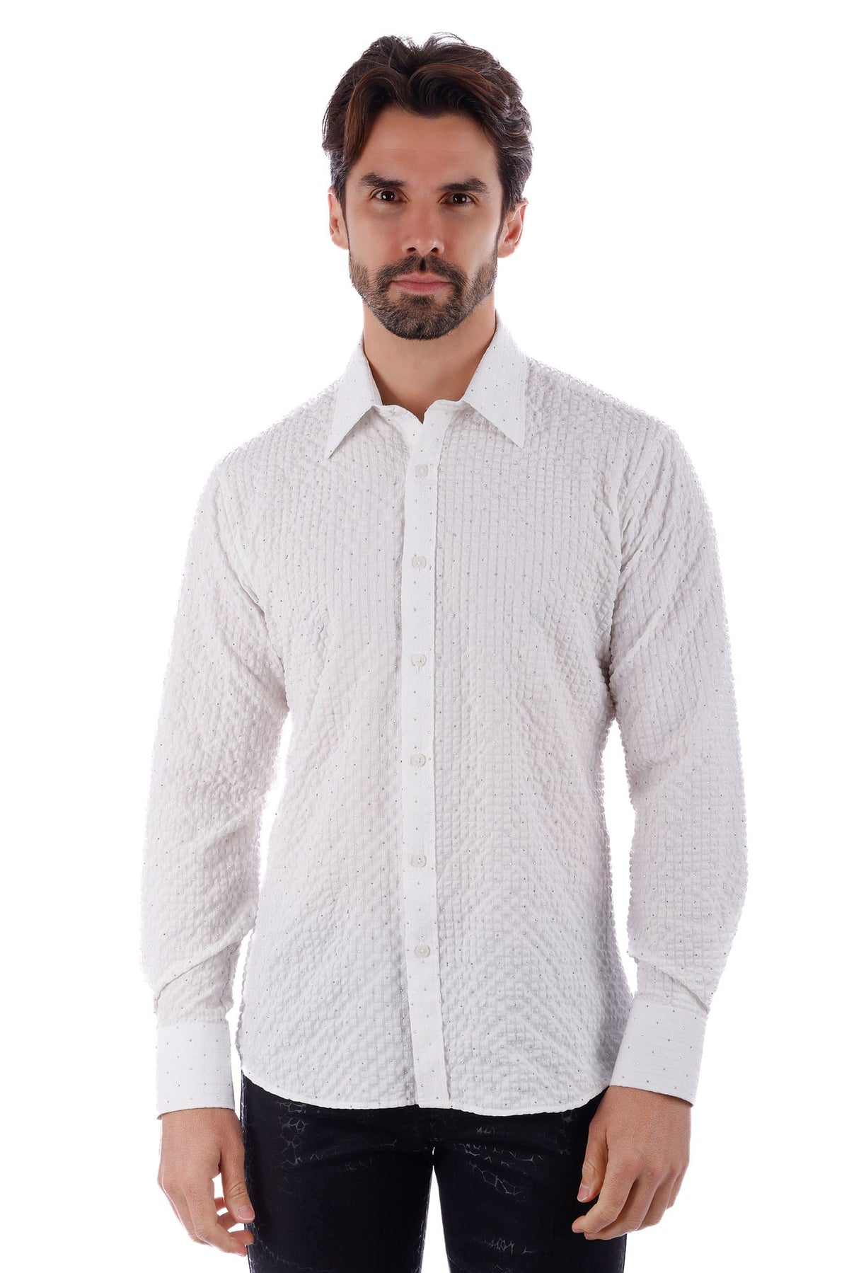 Barabas Men's Rhinestones Button Down Long Sleeve Shirts 4BR58 #Color_White