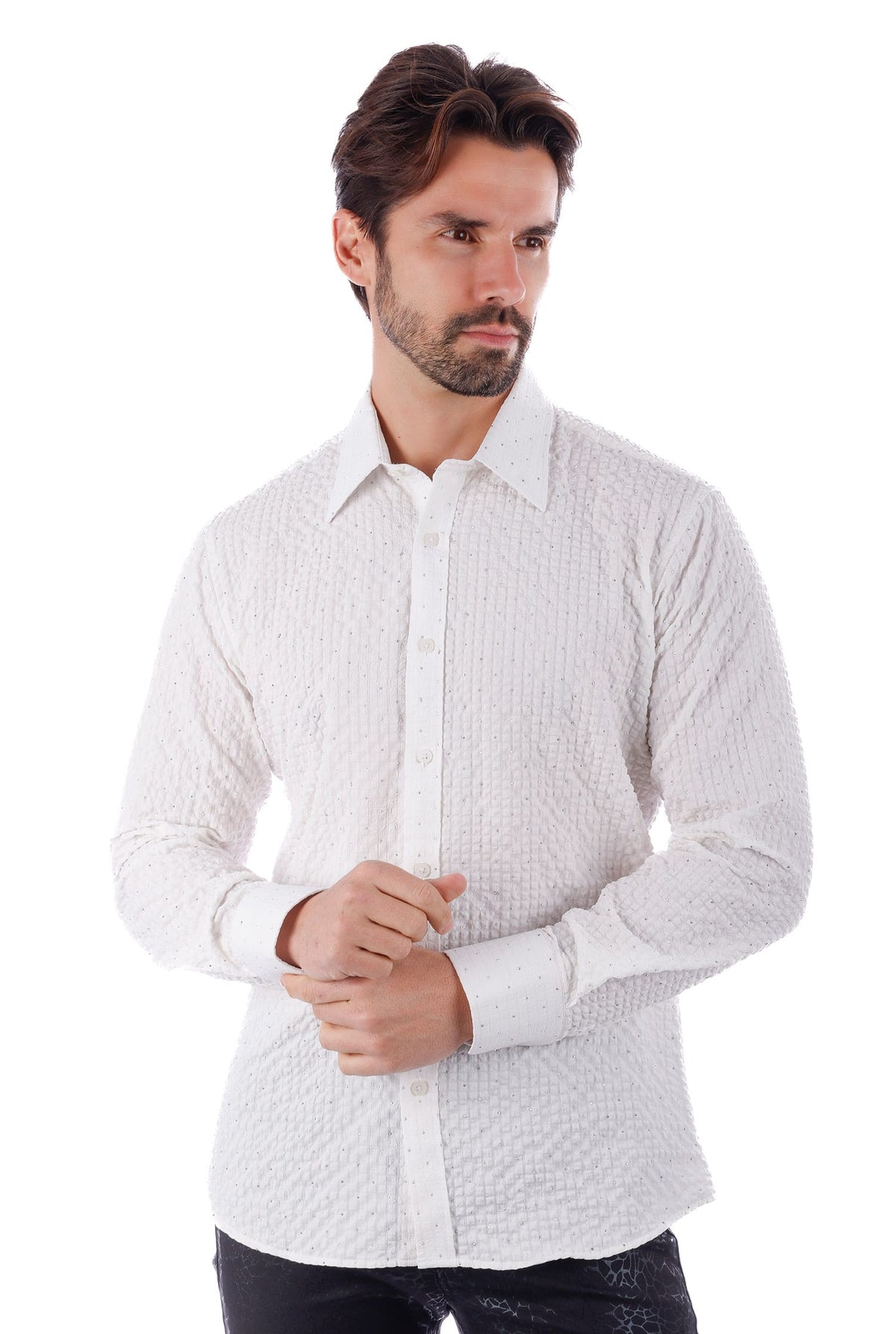 Barabas Men's Rhinestones Button Down Long Sleeve Shirts 4BR58 #Color_White