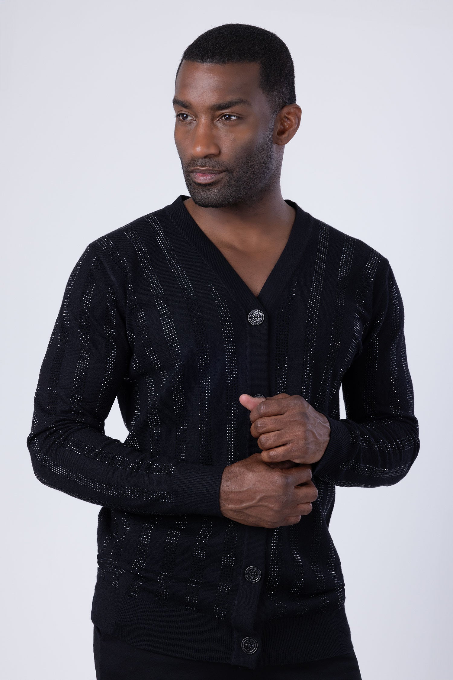 Barabas Men's Rhinestone Geometric Stretch Cardigan Sweater 4CJ02 Black Black