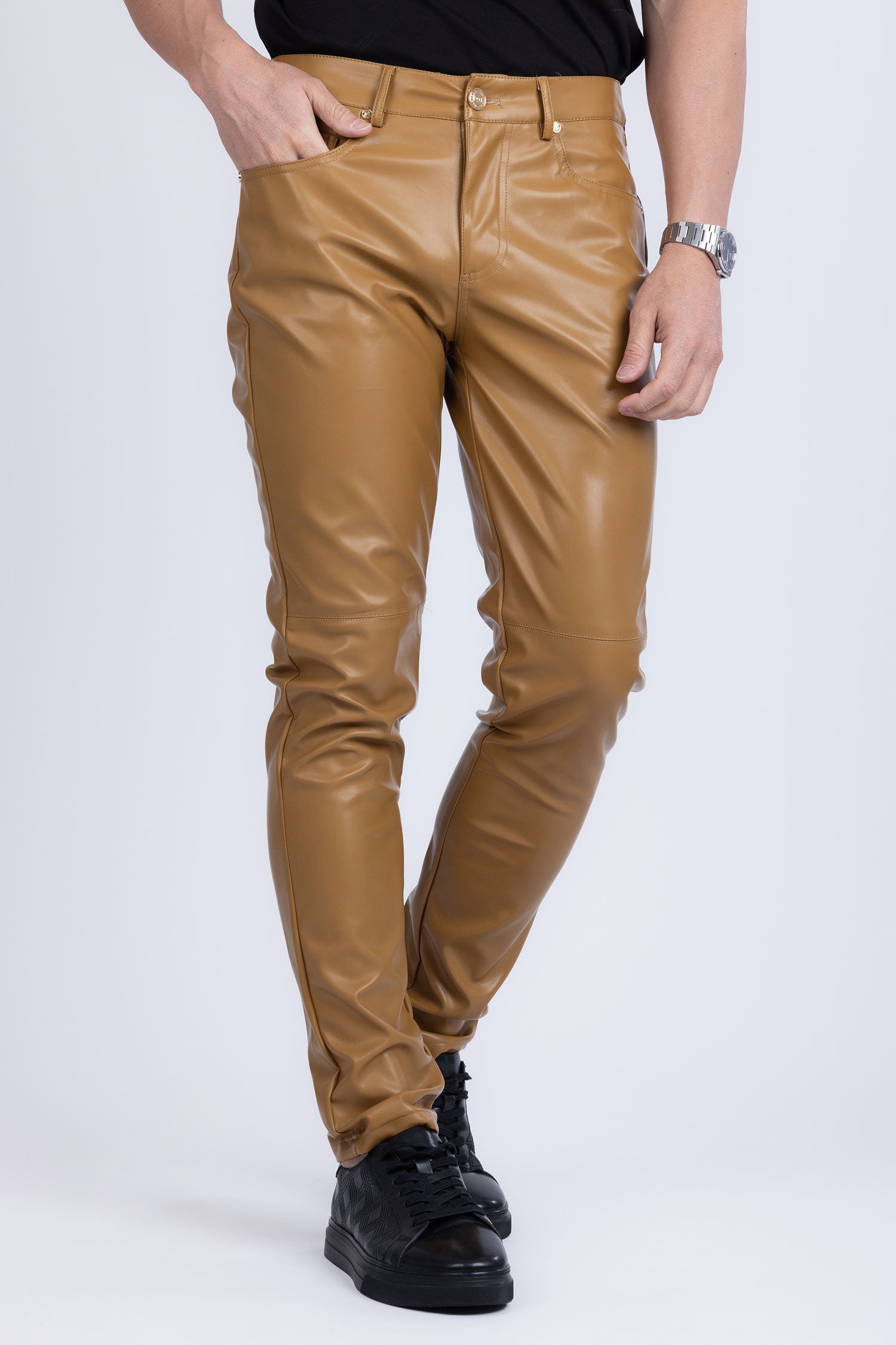 Barabas Men's PU Leather Shiny Stretch Casual Pants 4CP100 Mustard