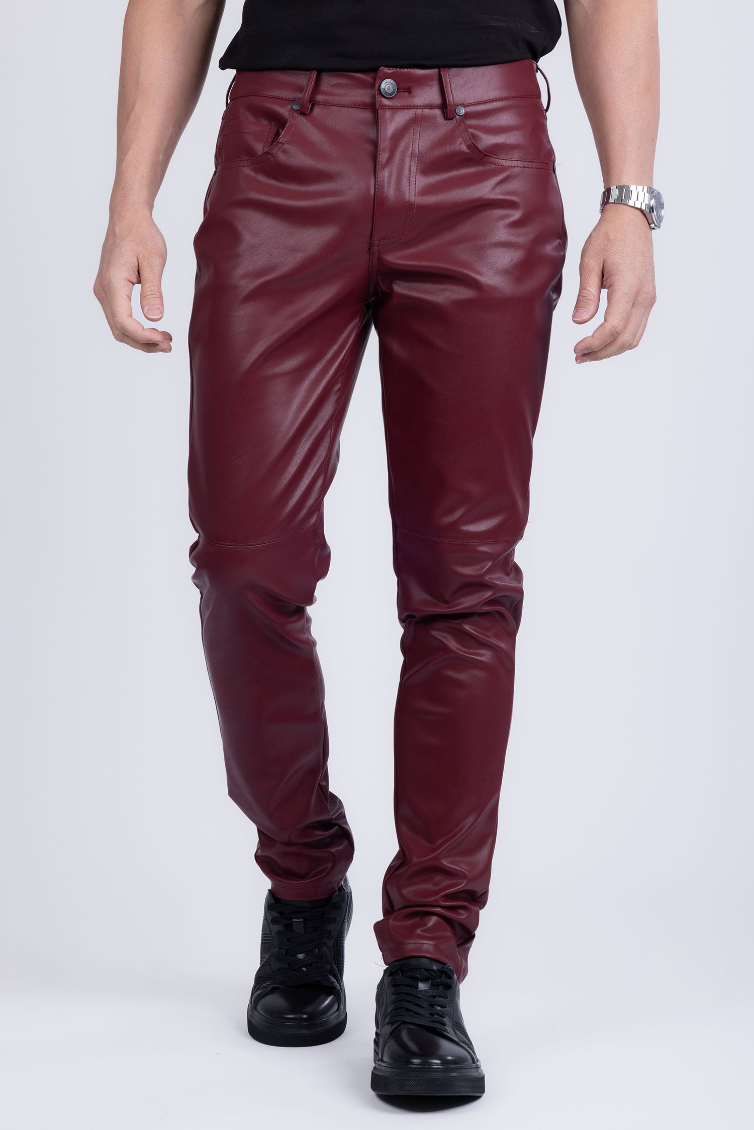 Barabas Men's PU Leather Shiny Stretch Casual Pants 4CP100 Burgundy