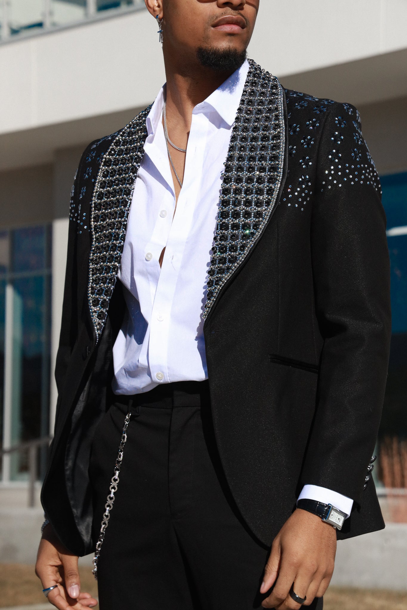 Barabas Men's Floral Pattern Rhinestone Shawl Lapel Blazer 4EBL46 Silver