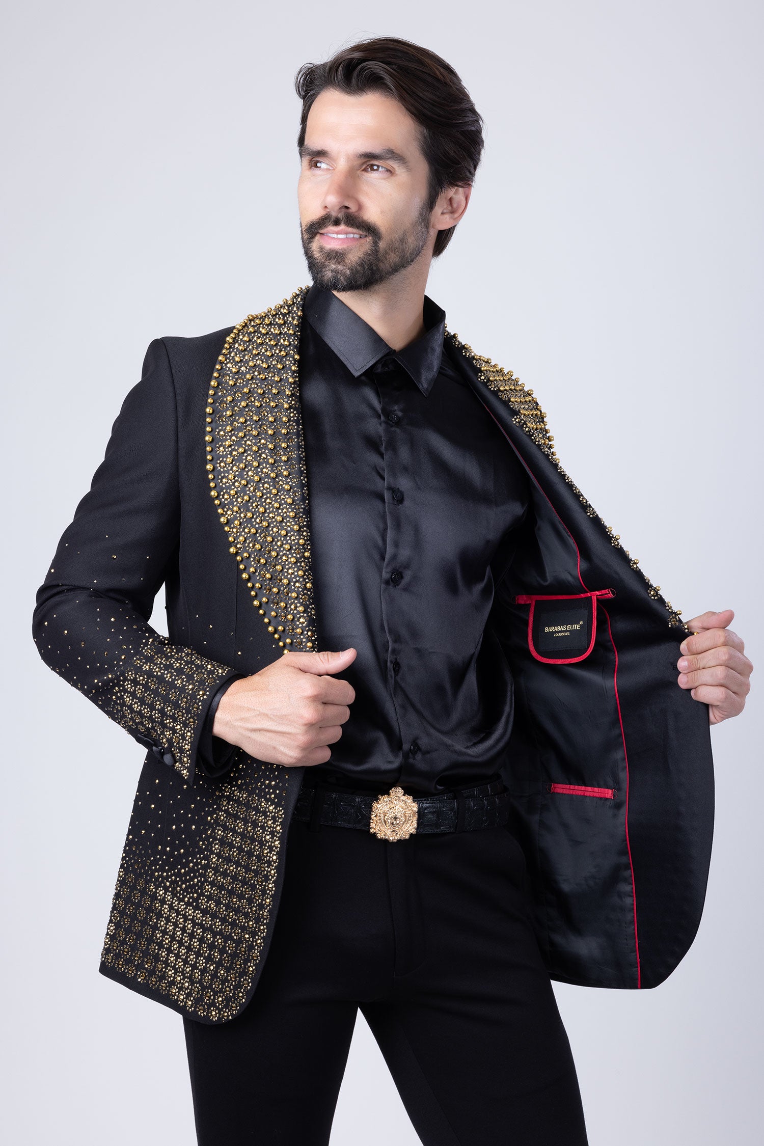 Barabas Men's Rhinestone Studded Geometric Shawl Lapel Blazer 4EBL47 Gold