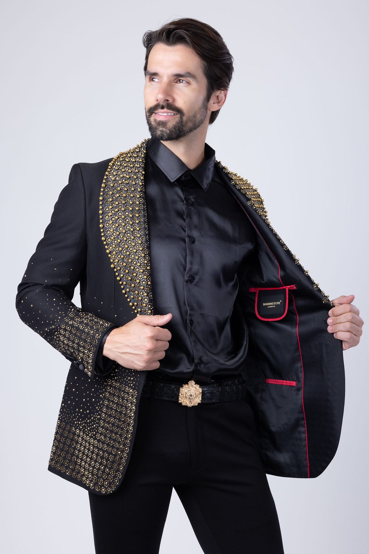 Barabas Men's Rhinestone Studded Geometric Shawl Lapel Blazer 4EBL47 Gold