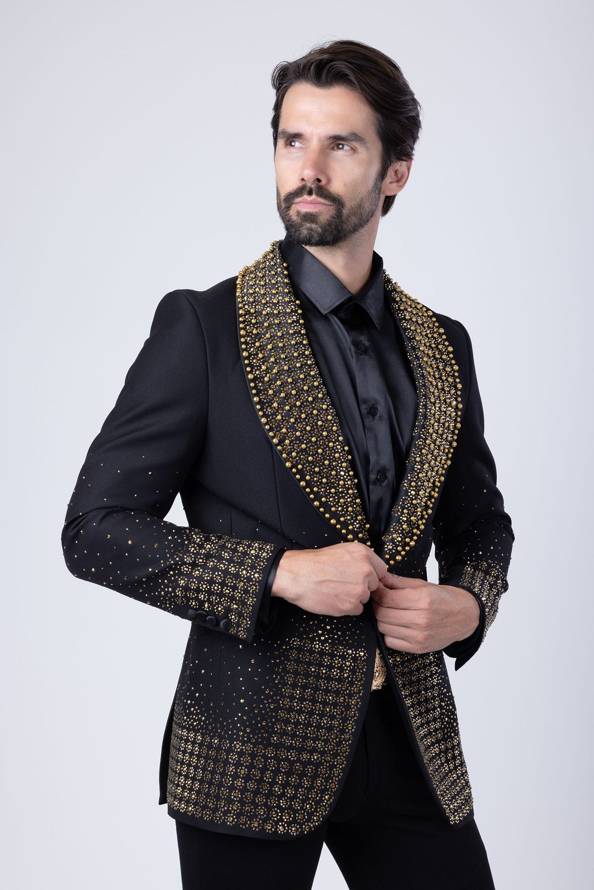 Barabas Men's Rhinestone Studded Geometric Shawl Lapel Blazer 4EBL47 Black Rust