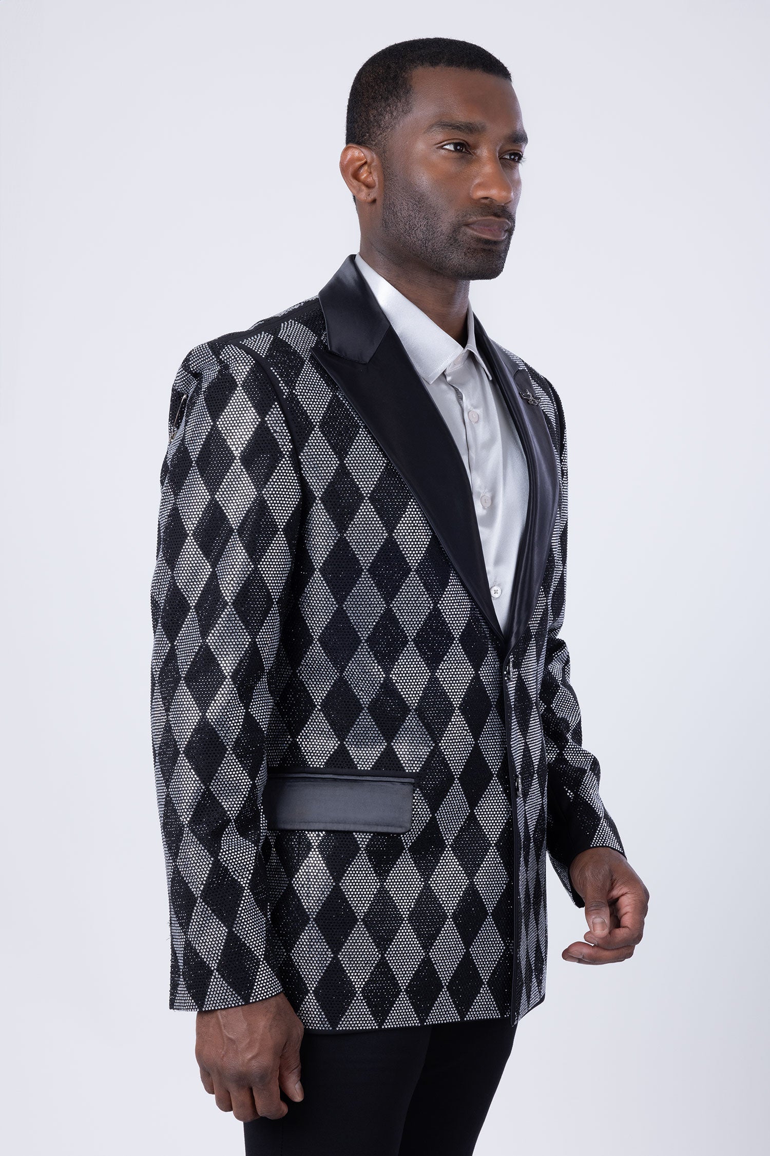 Barabas Men's Checkered Pattern Rhinestones Luxury Blazer 4EBL52 Black Silver