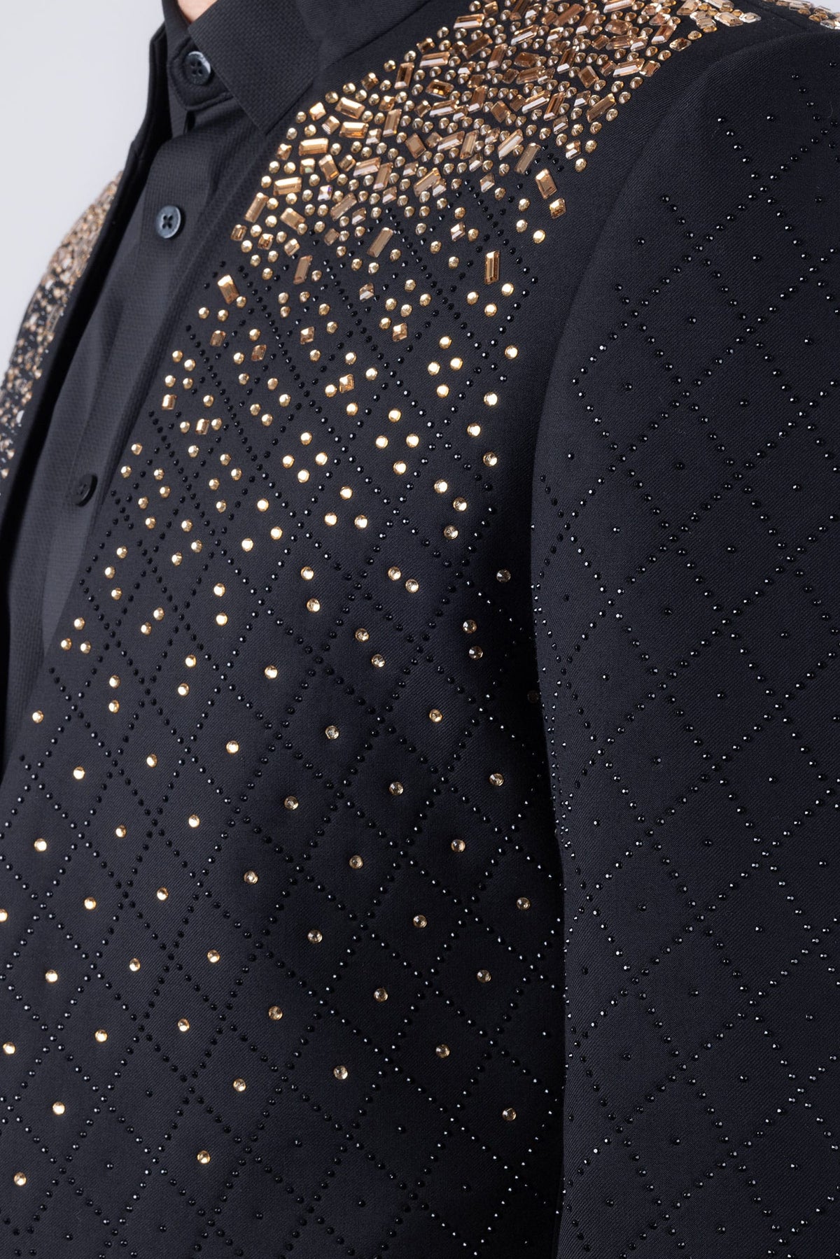 Barabas Men's Geometric Pattern Rhinestone Henley Lapel Blazer 4EBL53 Gold