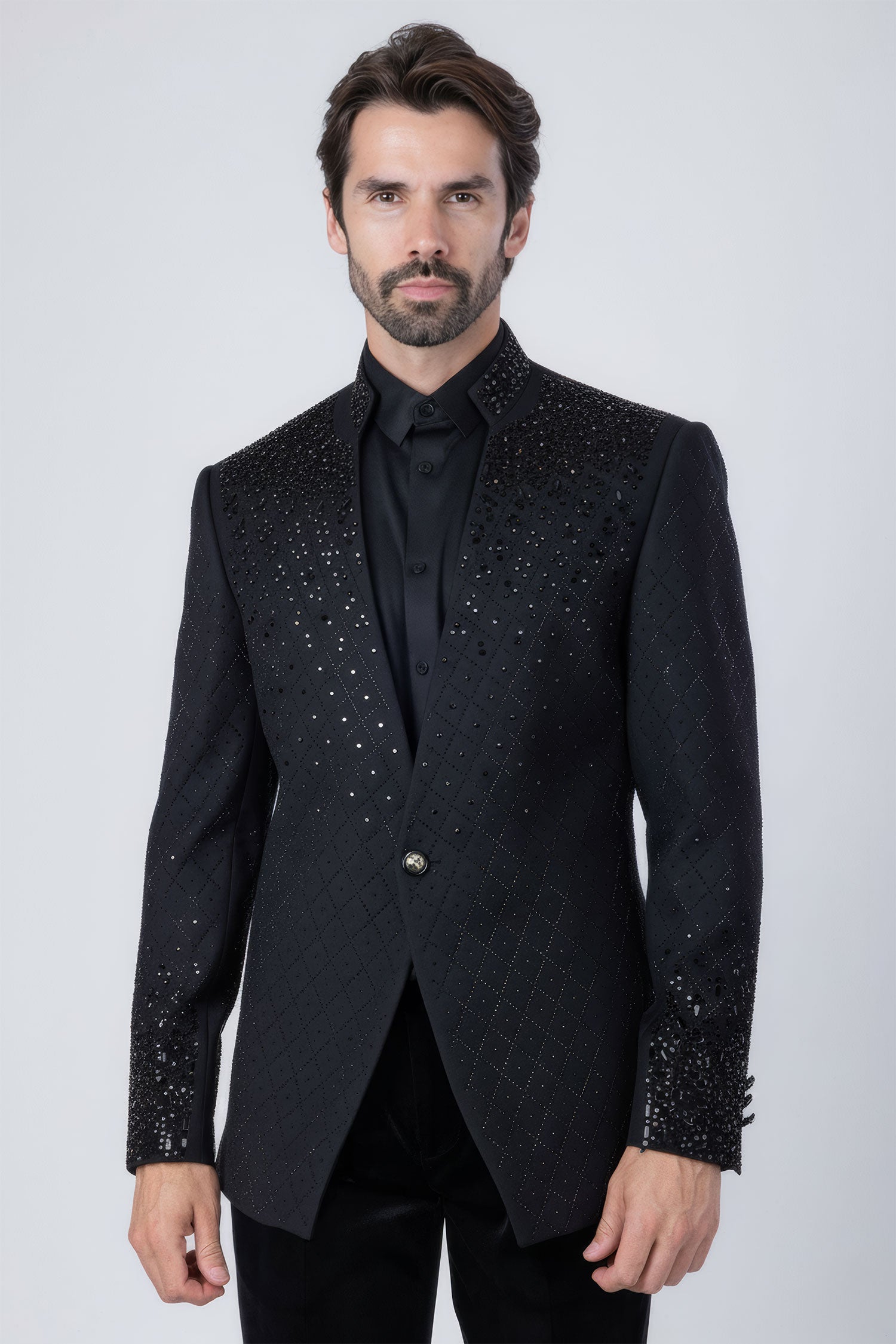 Barabas Men's Geometric Pattern Rhinestone Henley Lapel Blazer 4EBL53 Black Black