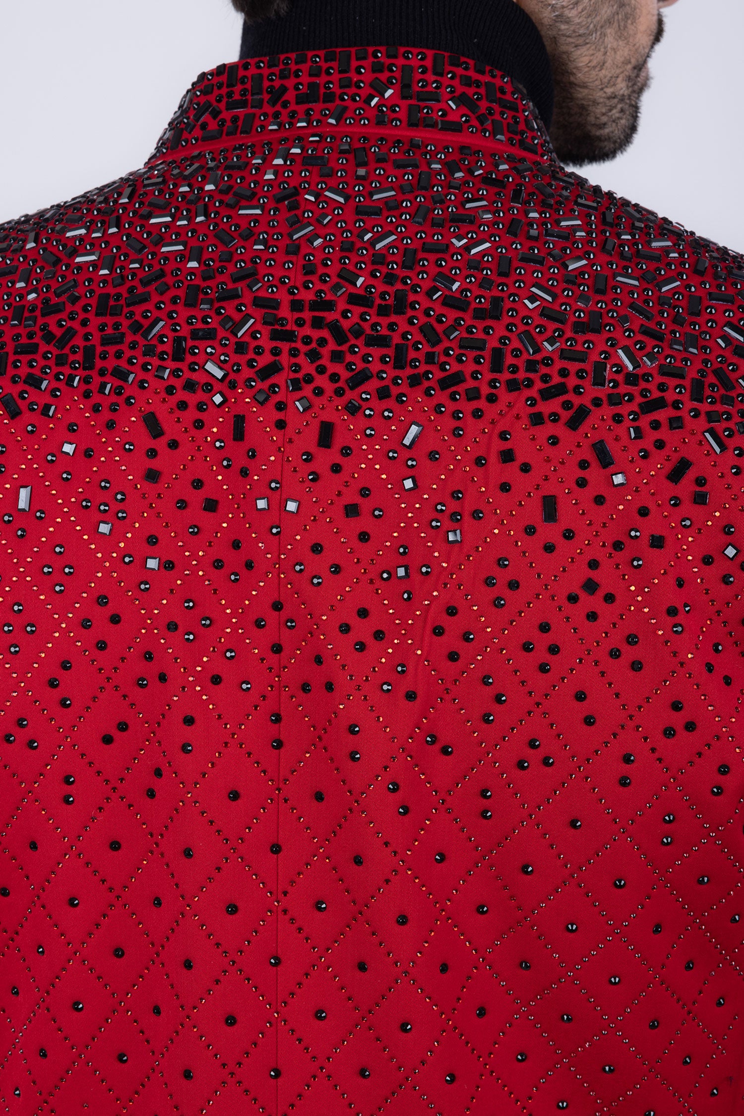 Barabas Men's Geometric Pattern Rhinestone Henley Lapel Blazer 4EBL53 Red Black