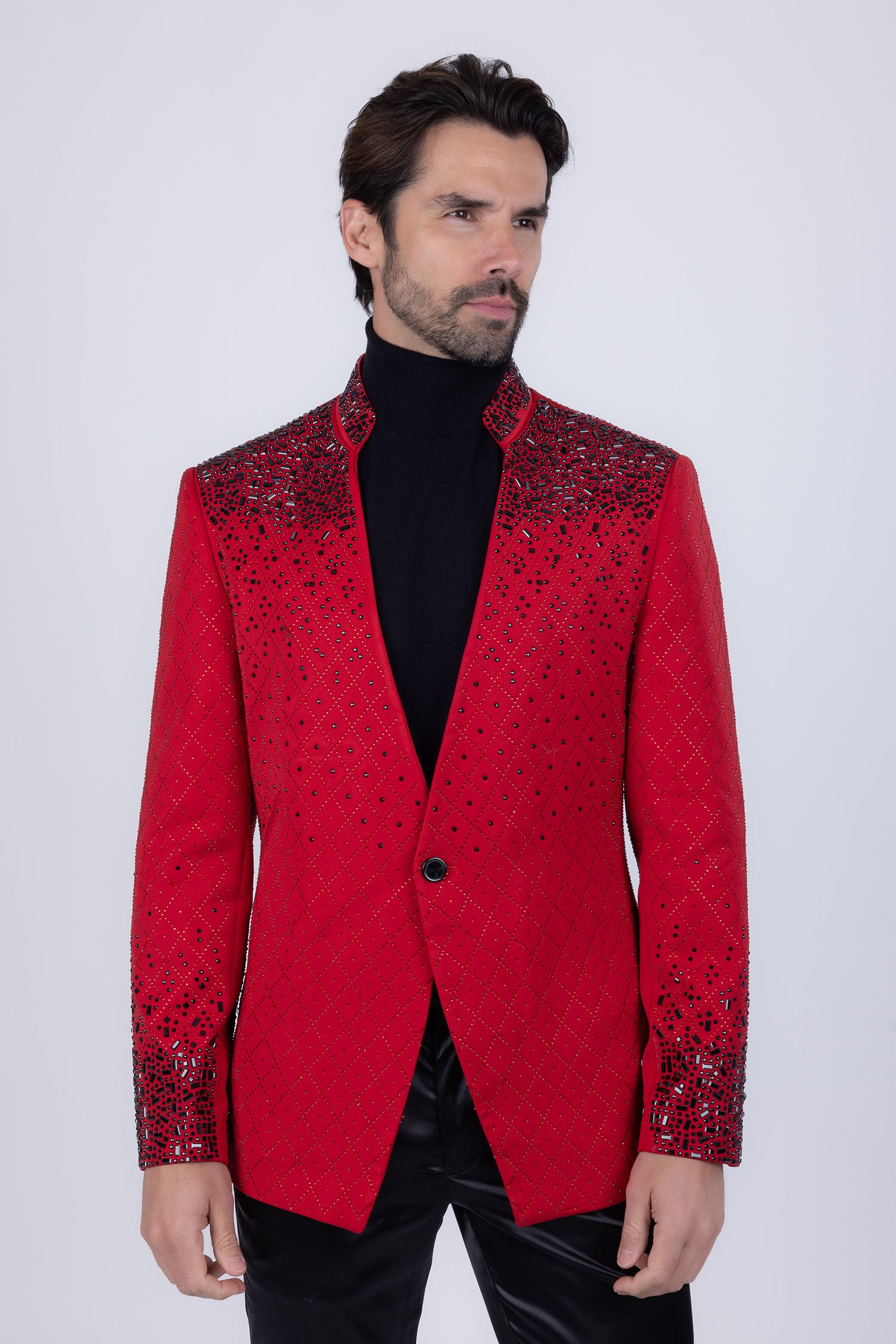 Barabas Men's Geometric Pattern Rhinestone Henley Lapel Blazer 4EBL53 Red Black
