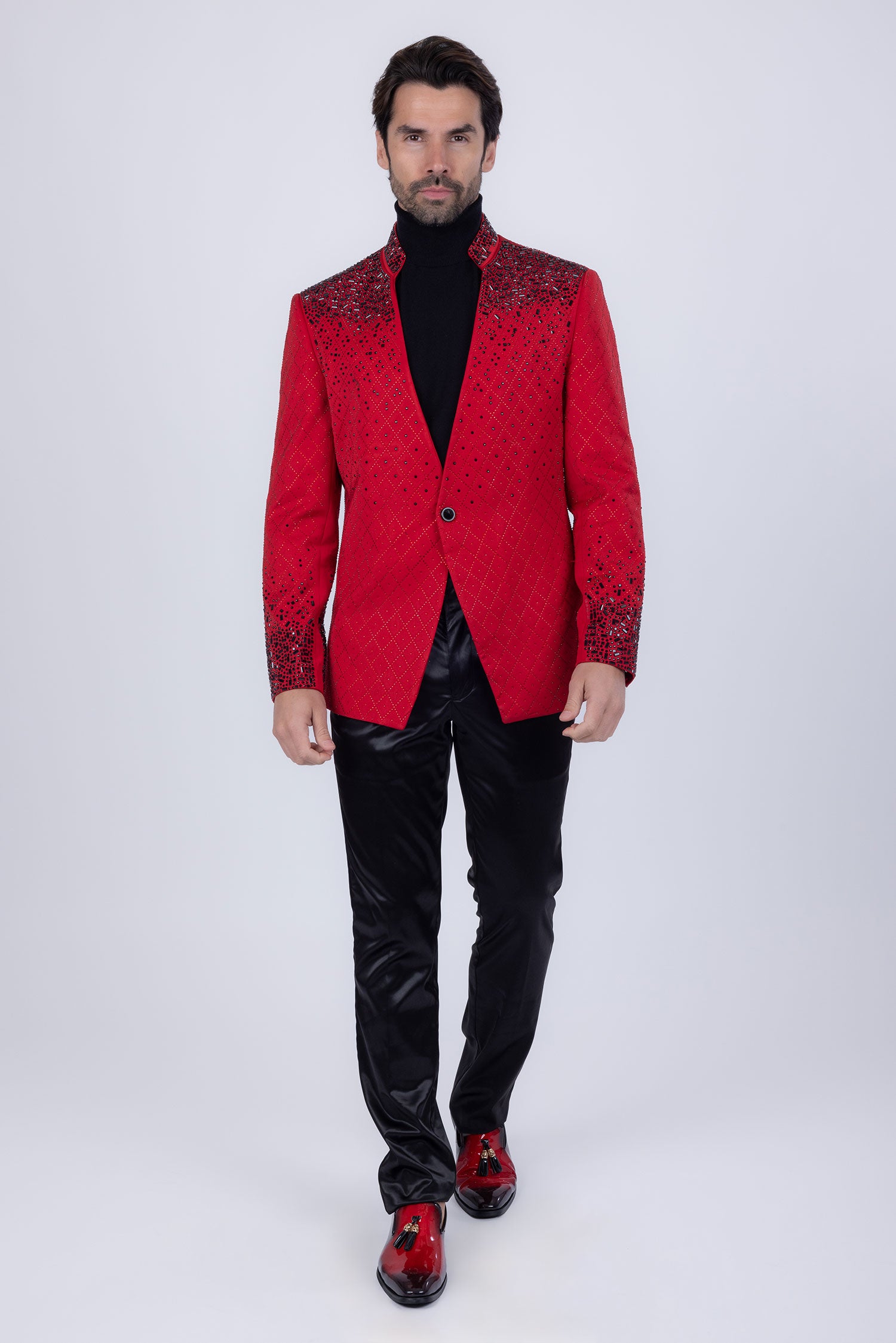 Barabas Men's Geometric Pattern Rhinestone Henley Lapel Blazer 4EBL53 Red Black