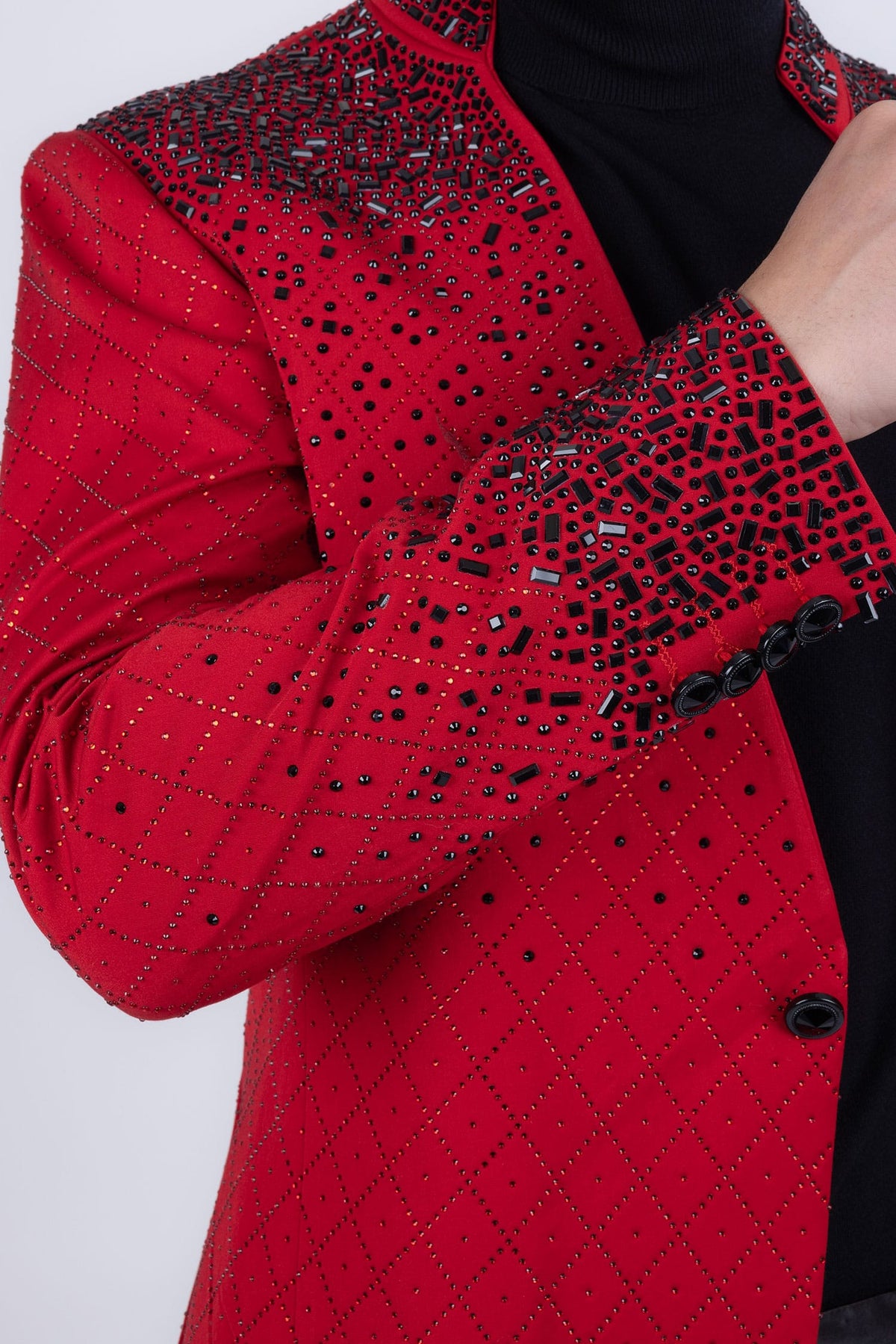 Barabas Men's Geometric Pattern Rhinestone Henley Lapel Blazer 4EBL53 Red Black