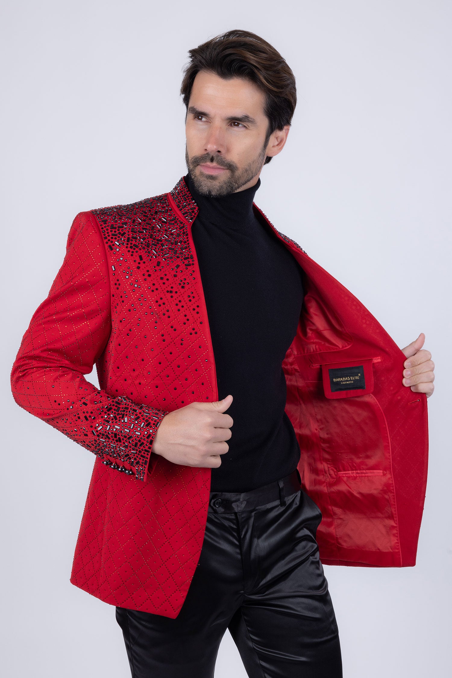 Barabas Men's Geometric Pattern Rhinestone Henley Lapel Blazer 4EBL53 Red Black