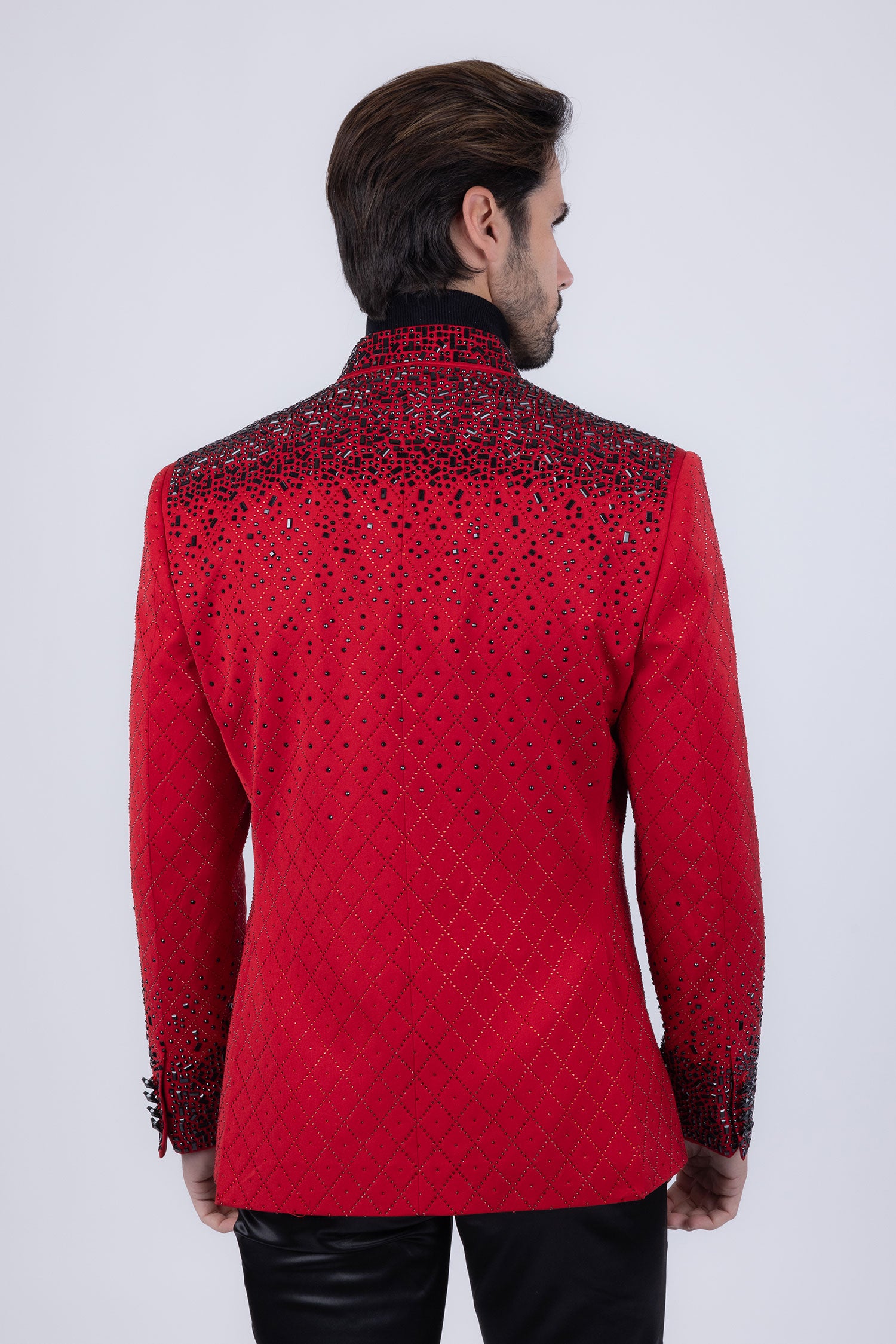 Barabas Men's Geometric Pattern Rhinestone Henley Lapel Blazer 4EBL53 Red Black