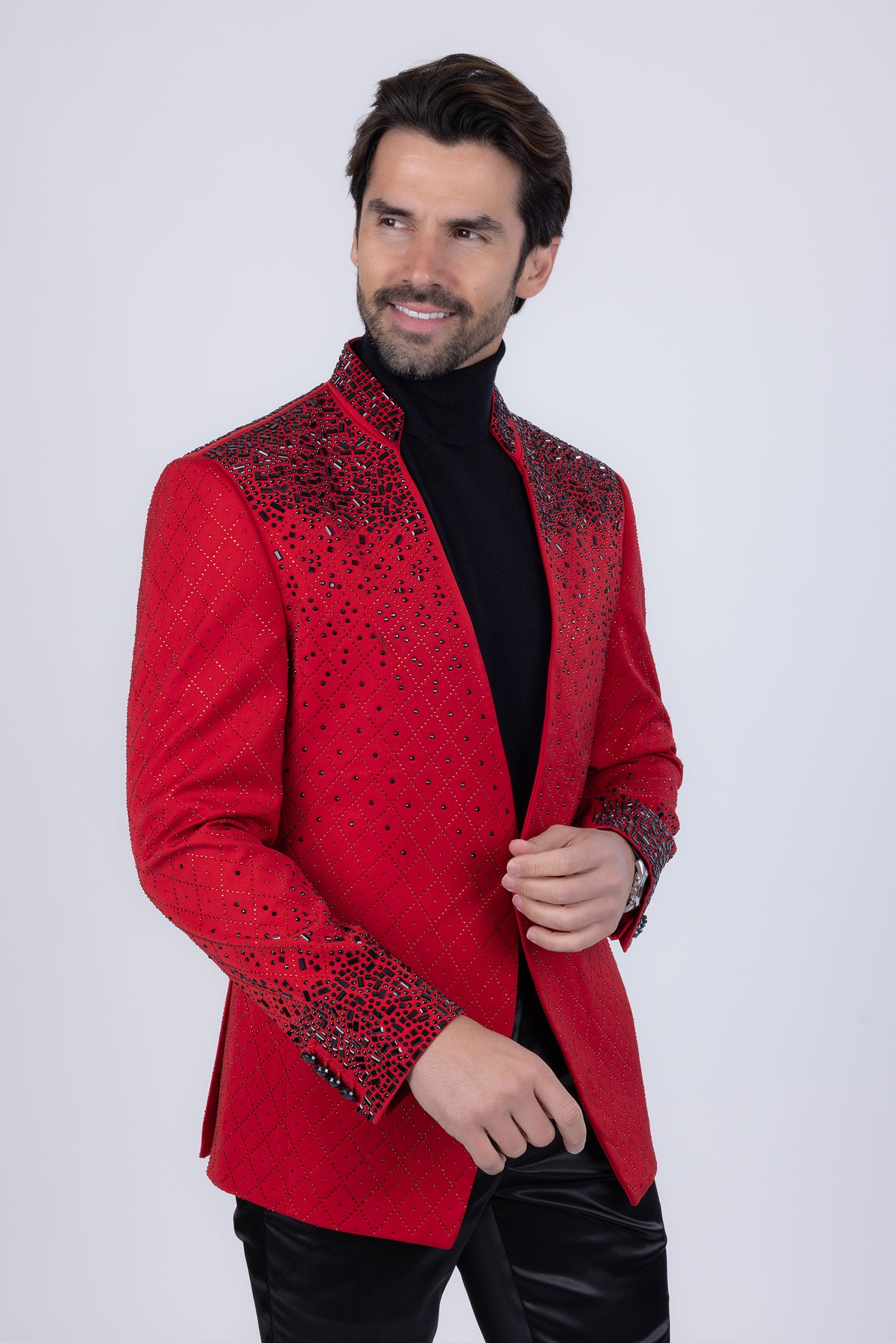 Barabas Men's Geometric Pattern Rhinestone Henley Lapel Blazer 4EBL53 Red Black