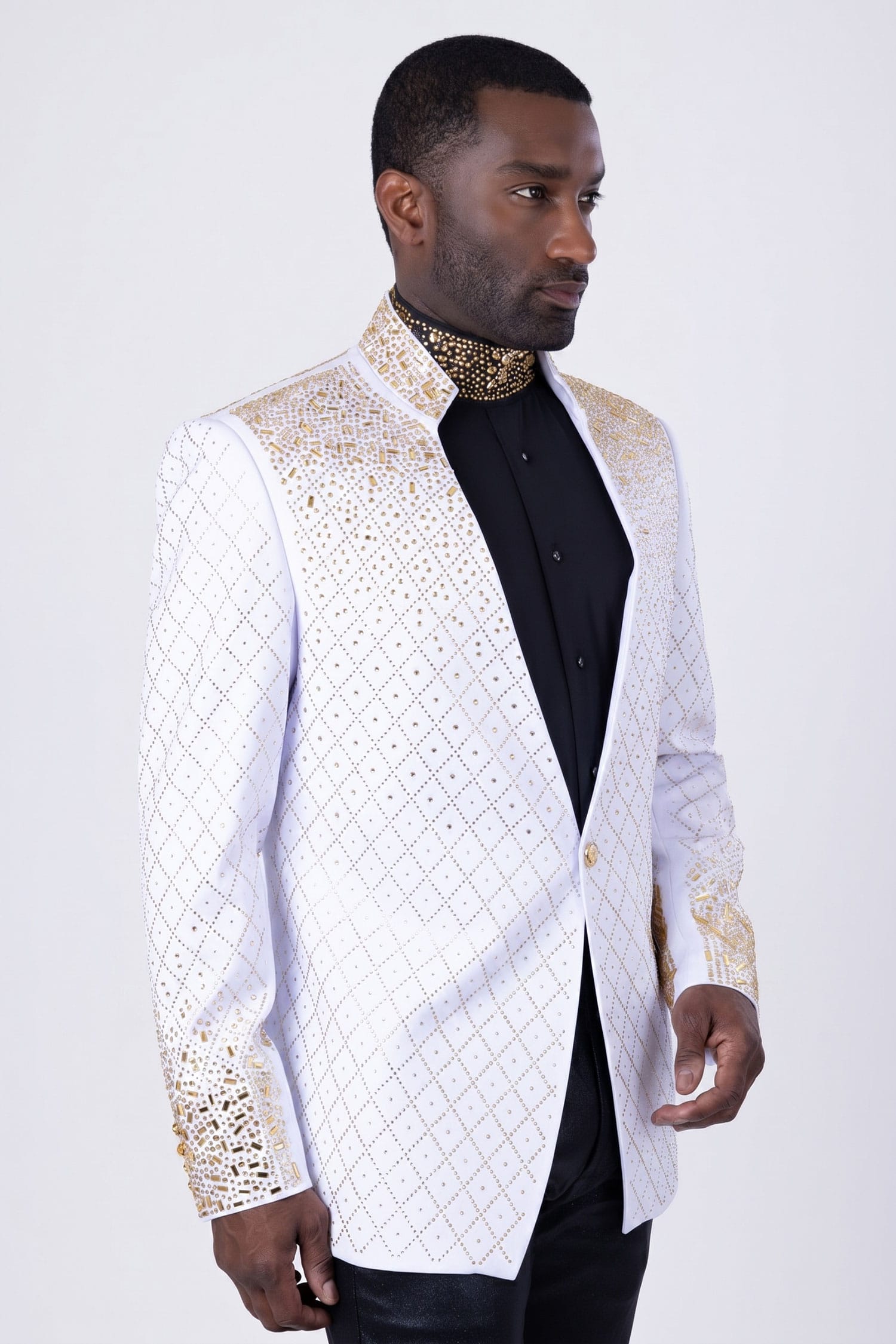 Barabas Men's Geometric Pattern Rhinestone Henley Lapel Blazer 4EBL53 White Gold