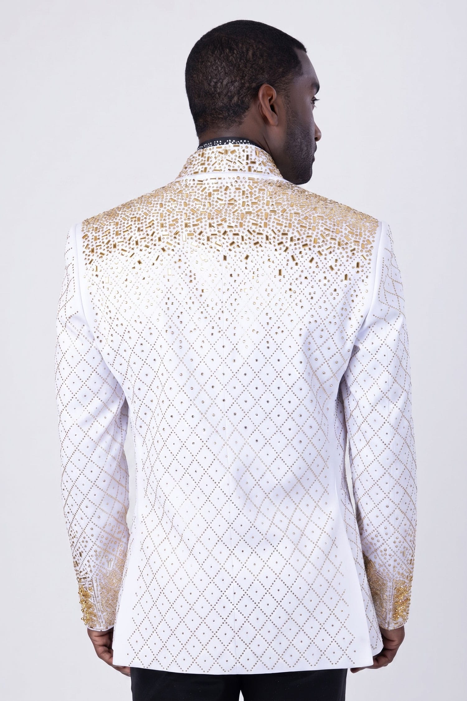 Barabas Men's Geometric Pattern Rhinestone Henley Lapel Blazer 4EBL53 White Gold