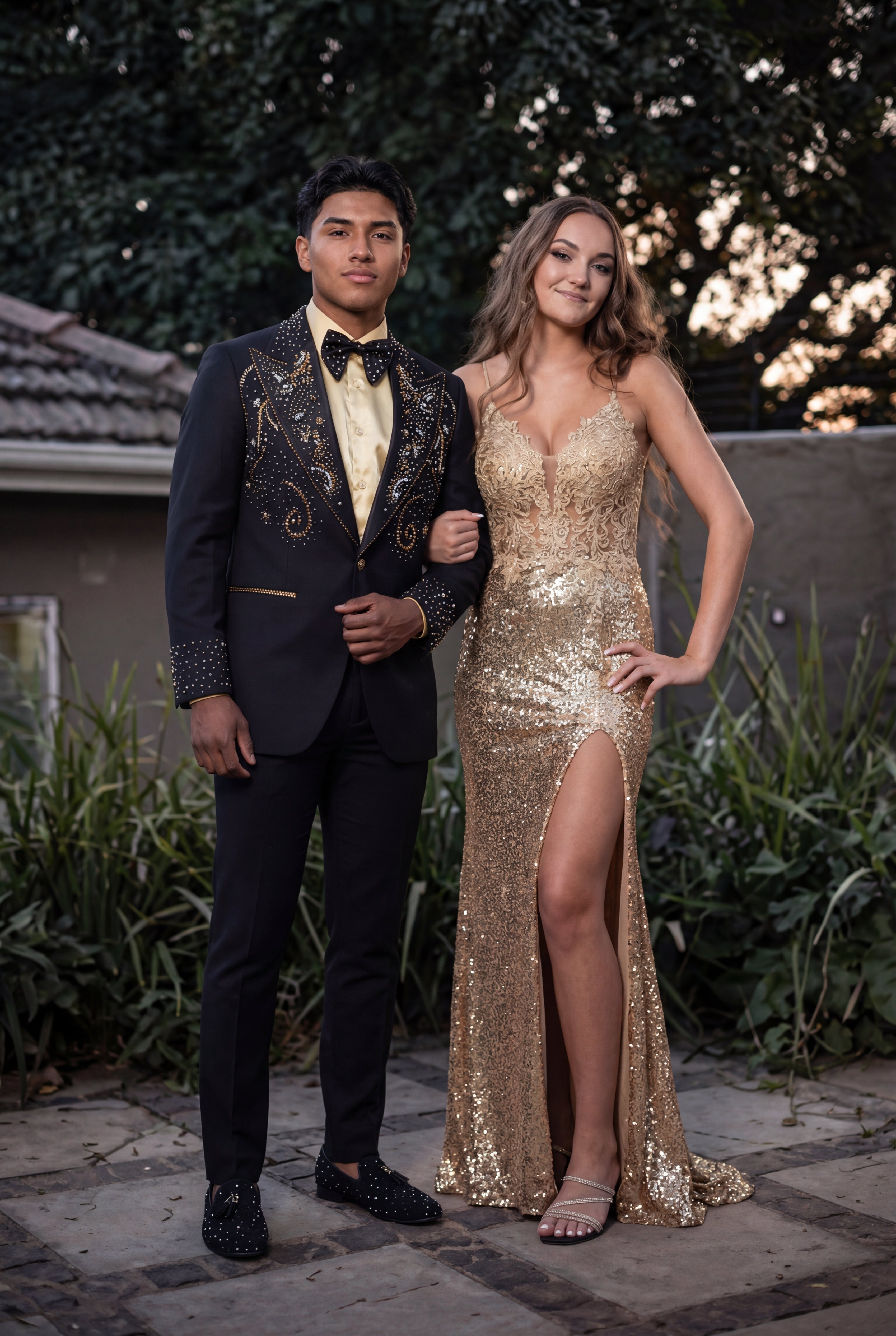 Barabas Men's Rhinestone Floral Pattern Peak Lapel Suit 4SU20 Black Gold