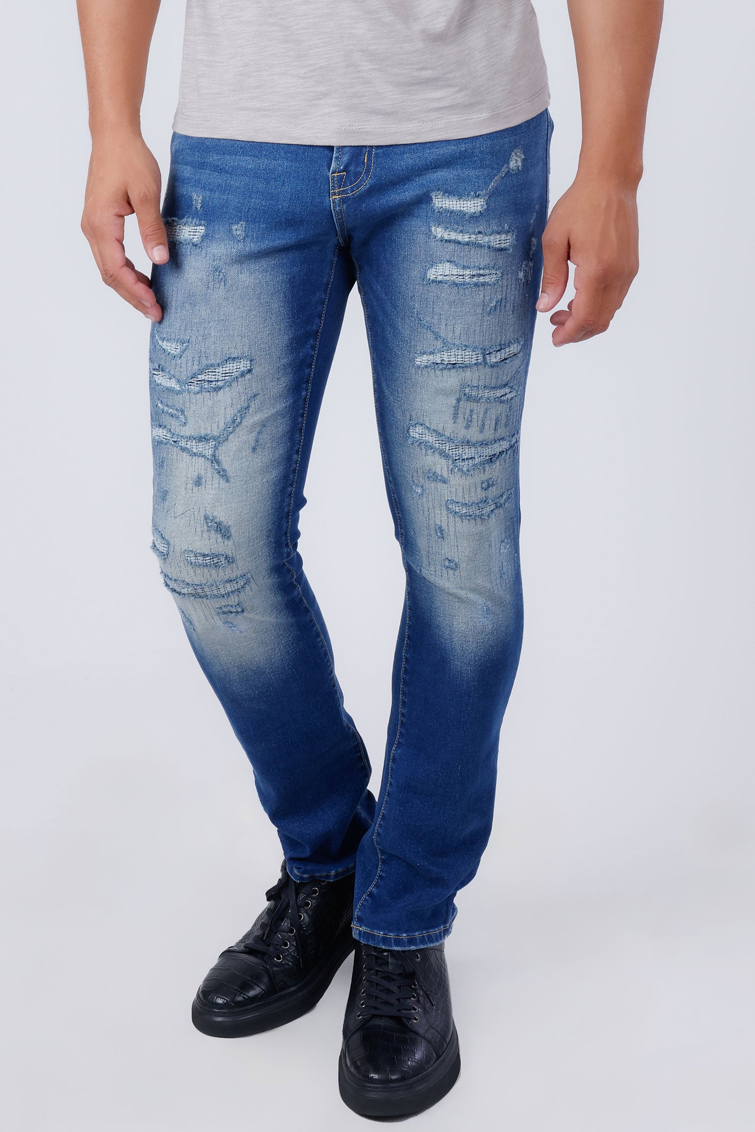 Barabas Men's Stretchable Ripped Denim Washed Solid Color Jeans 4JE16 Blue