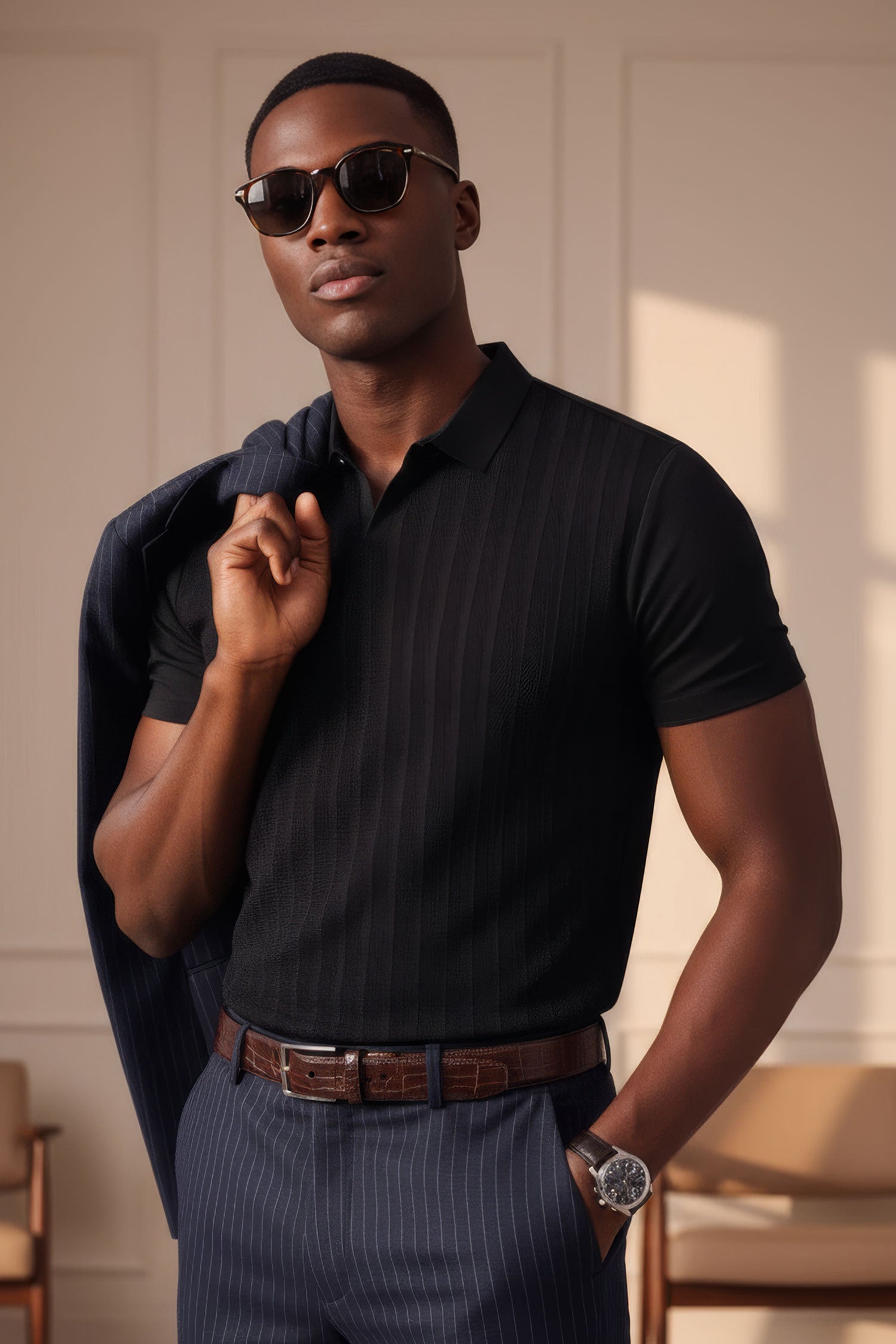 Barabas Men's Solid Color V-Neck Highly Stretch Polo Shirts 4P23 Black