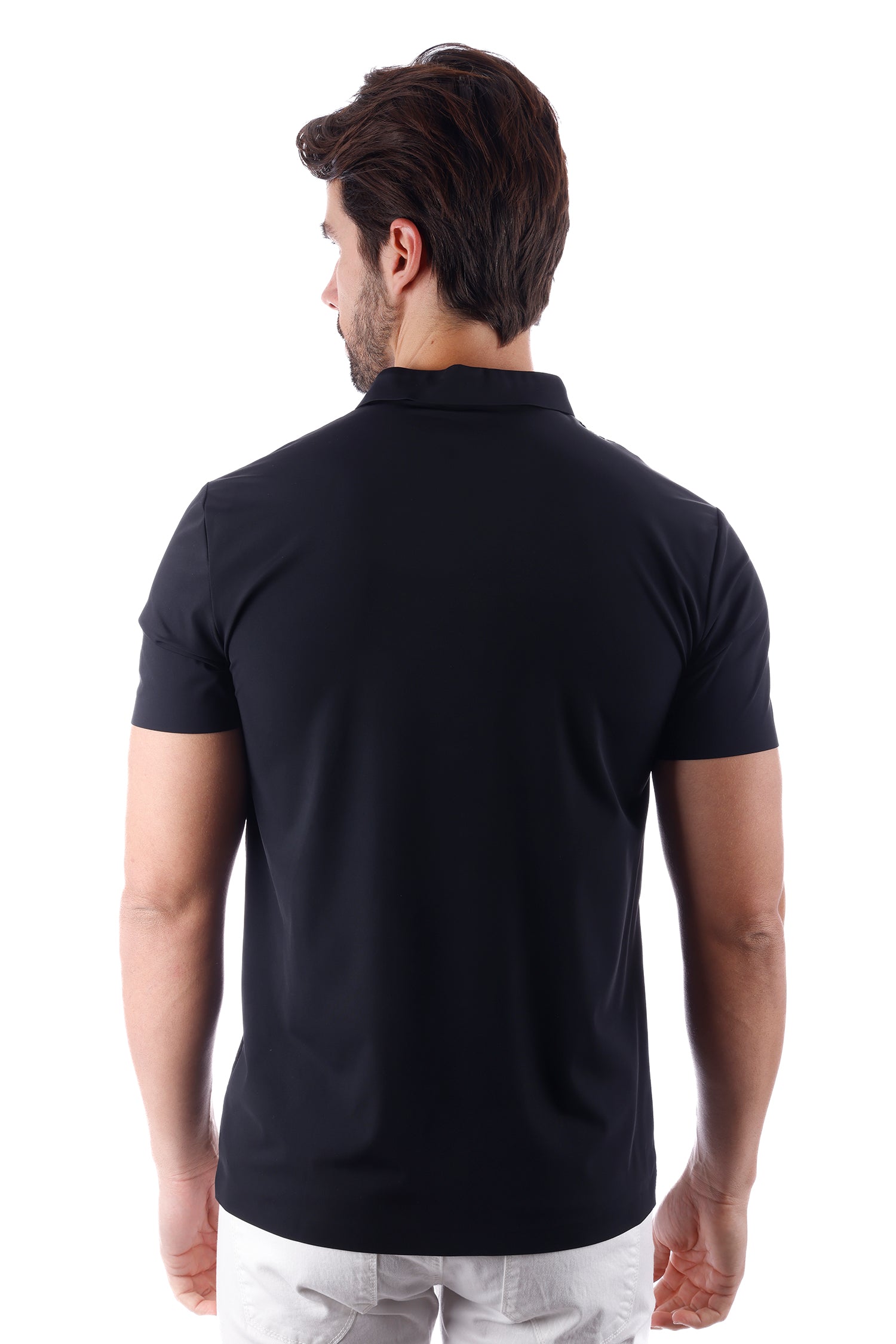 Barabas Men's Solid Color V-Neck Highly Stretch Polo Shirts 4P23 Black