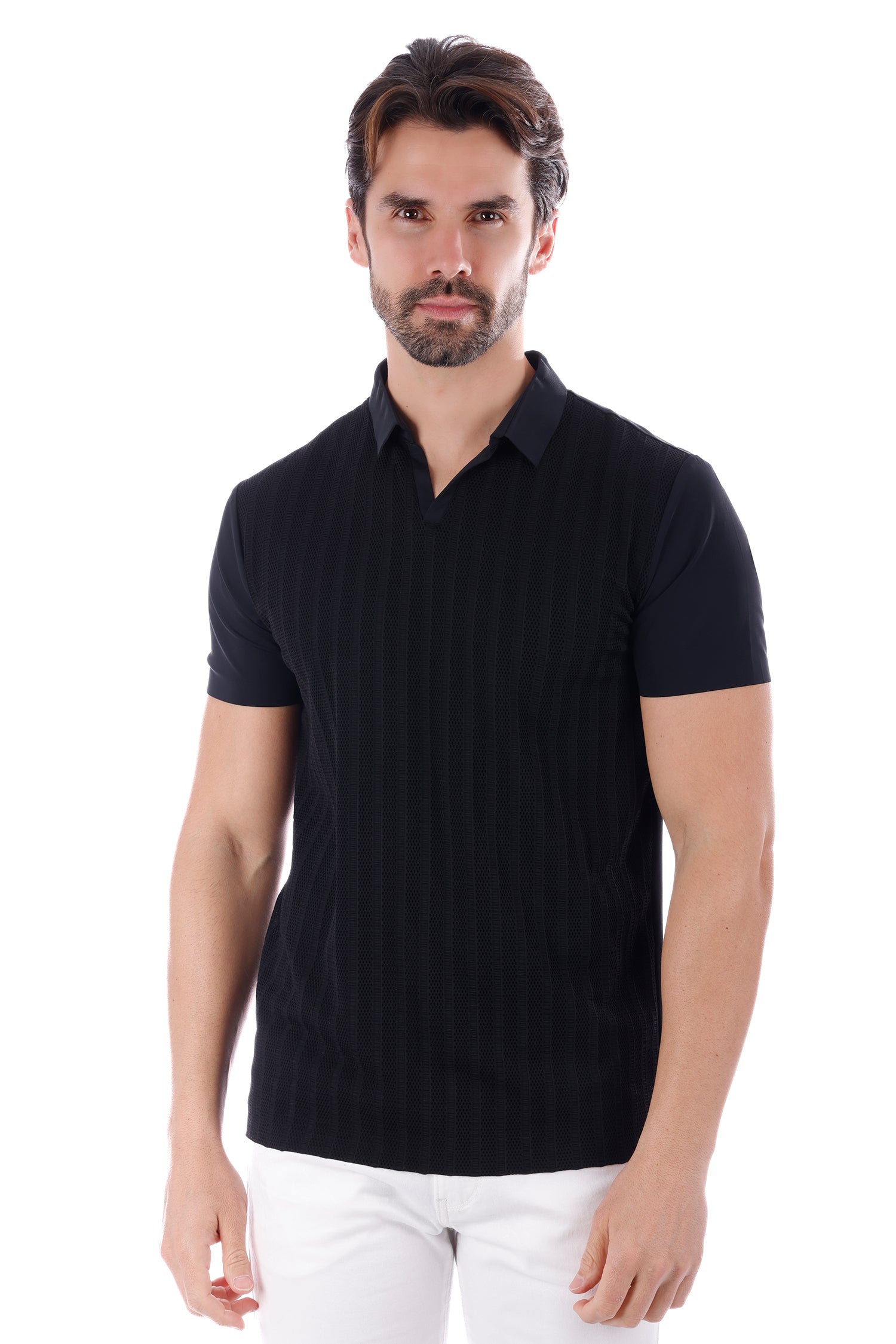 Barabas Men's Solid Color V-Neck Highly Stretch Polo Shirts 4P23 Black
