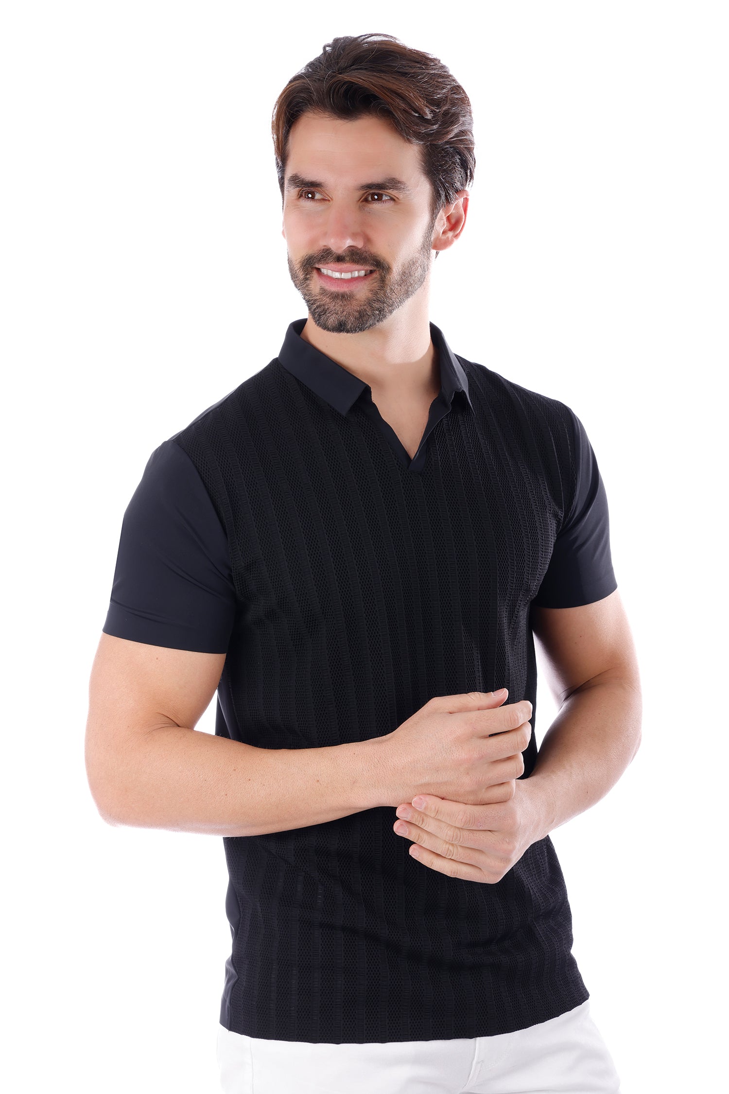 Barabas Men's Solid Color V-Neck Highly Stretch Polo Shirts 4P23 Black