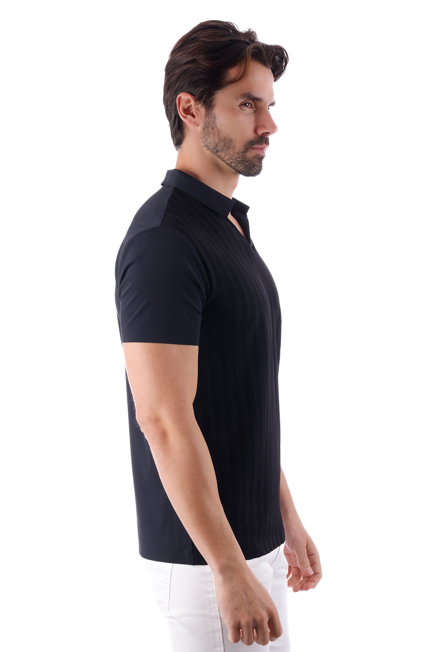 Barabas Men's Solid Color V-Neck Highly Stretch Polo Shirts 4P23 Black