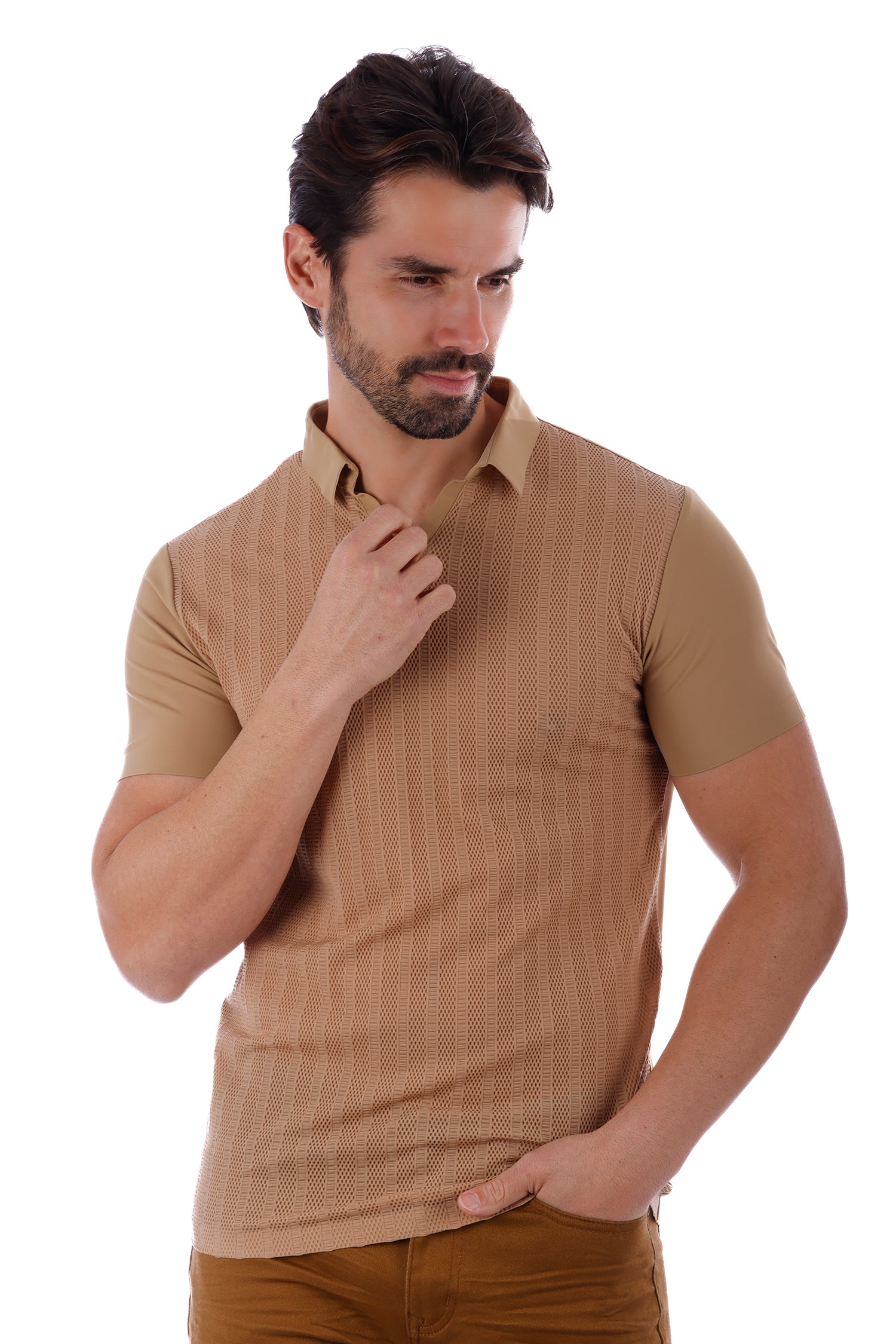 Barabas Men's Solid Color V-Neck Highly Stretch Polo Shirts 4P23 Brown