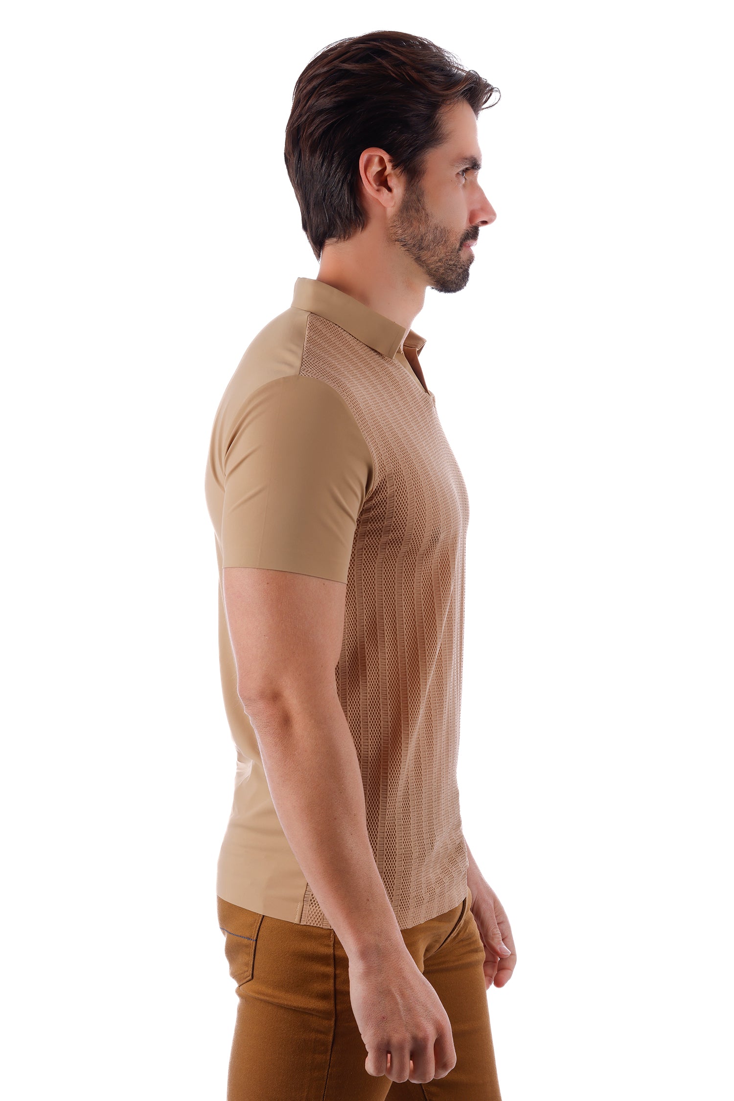 Barabas Men's Solid Color V-Neck Highly Stretch Polo Shirts 4P23 Khaki