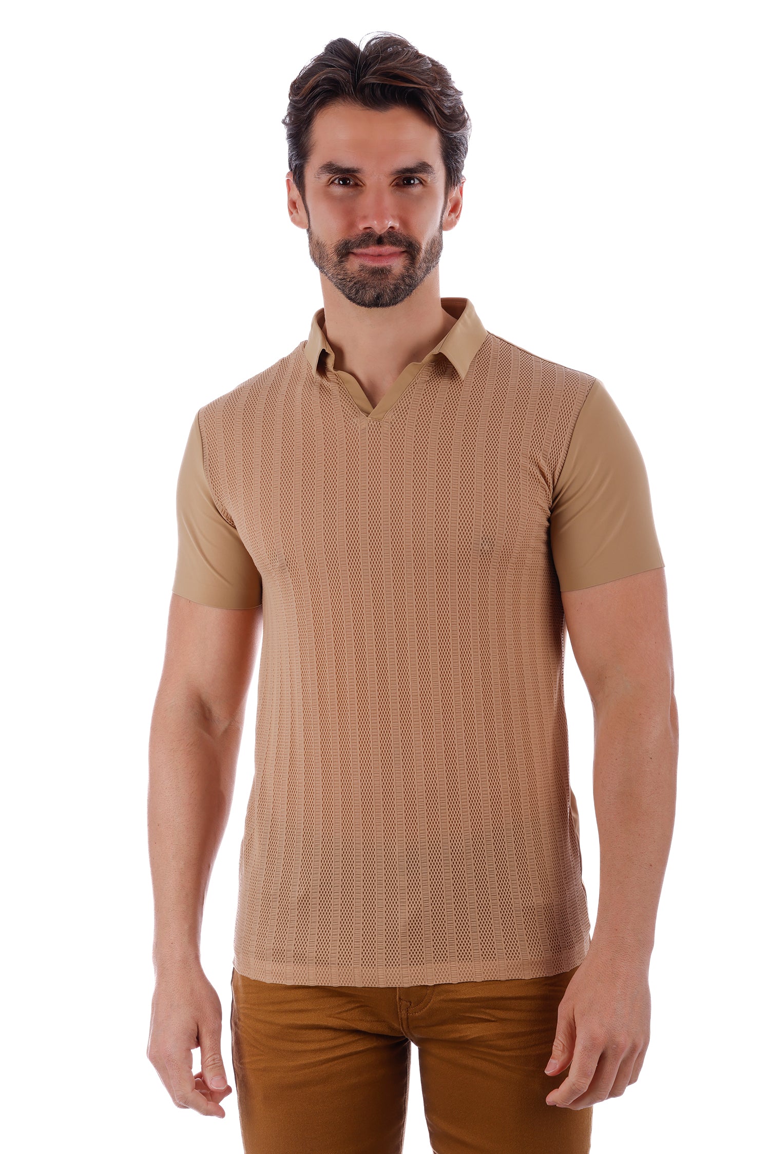Barabas Men's Solid Color V-Neck Highly Stretch Polo Shirts 4P23 Khaki