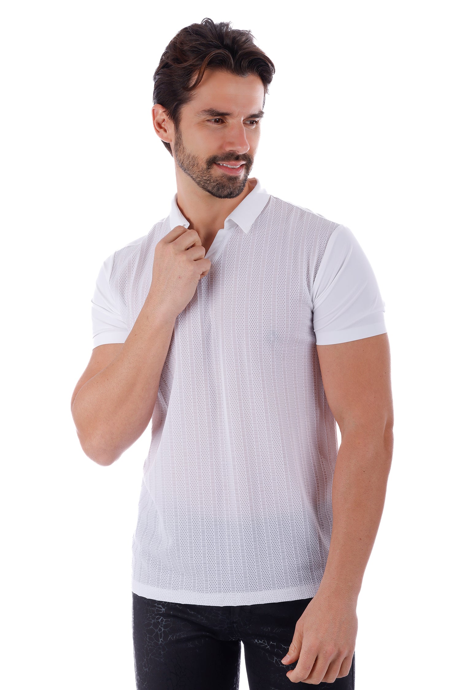 Barabas Men's Solid Color V-Neck Highly Stretch Polo Shirts 4P23 White