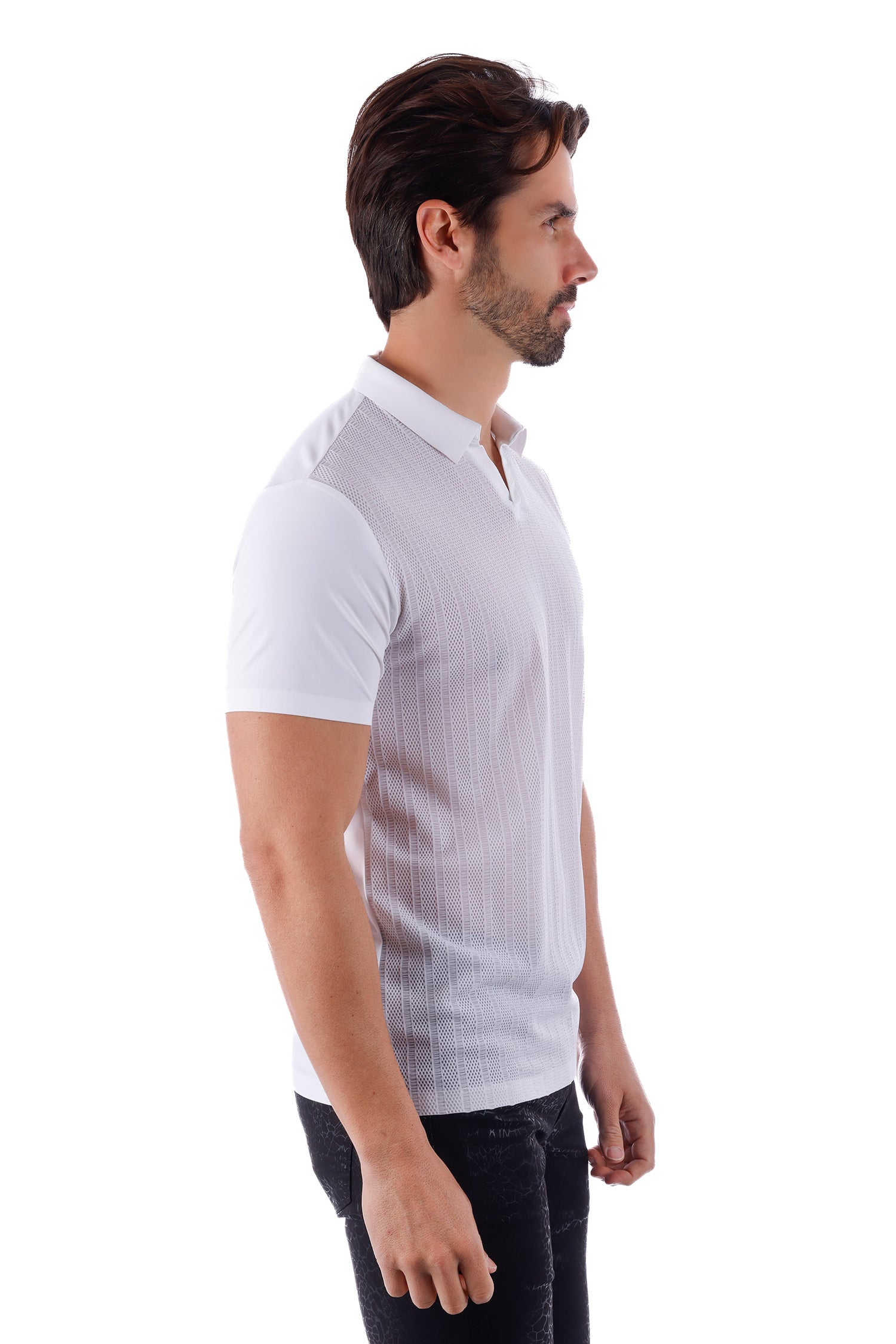 Barabas Men's Solid Color V-Neck Highly Stretch Polo Shirts 4P23 White