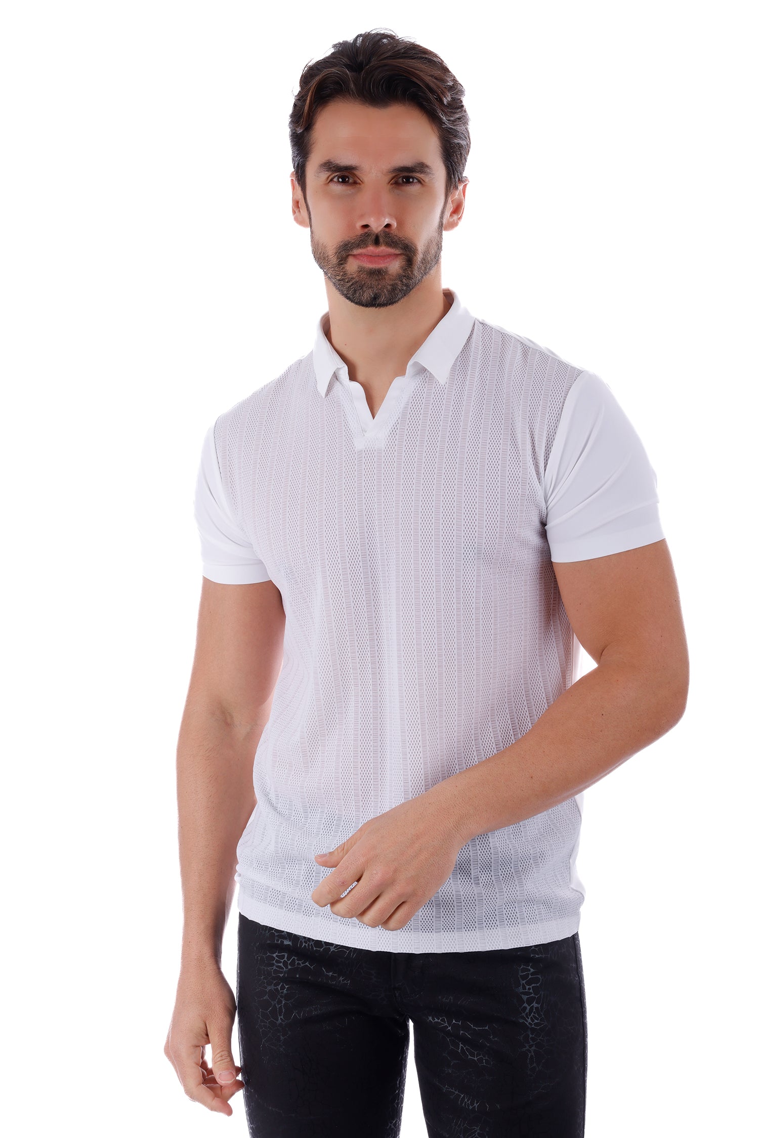 Barabas Men's Solid Color V-Neck Highly Stretch Polo Shirts 4P23 White