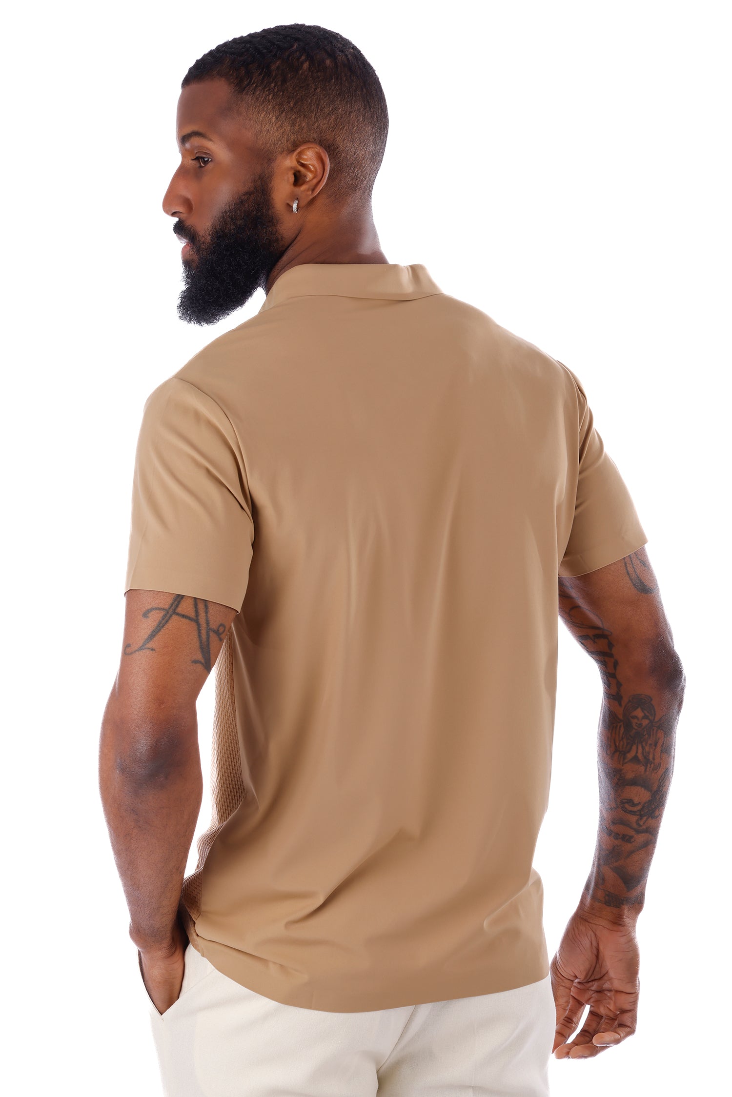 Barabas Men's Solid Color Stretch See Through V-Neck Polo Shirts 4P24 Khaki