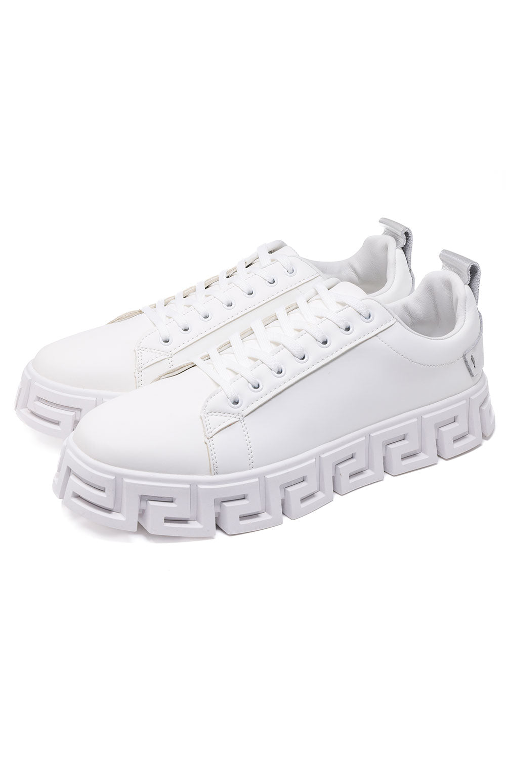 Barabas Men's Greek Key Sole Pattern Premium Sneakers 4SK06 White Silver