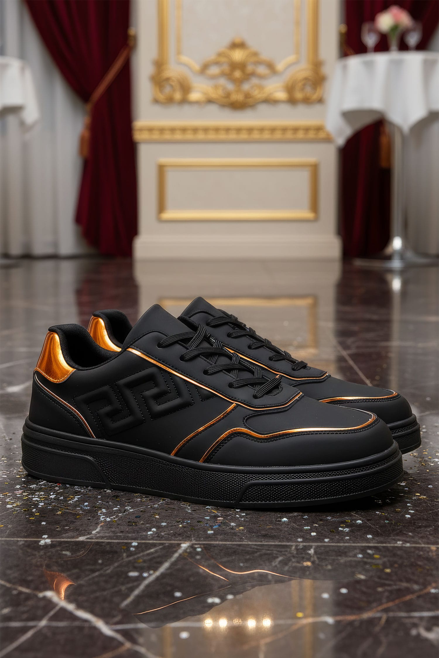 Barabas Men's Greek Key Sole Pattern Lace-up Sneakers 4SK09 Black Gold