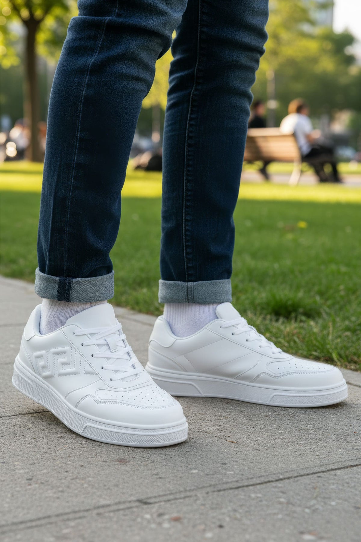Barabas Men's Greek Key Sole Pattern Lace-up Sneakers 4SK09 White