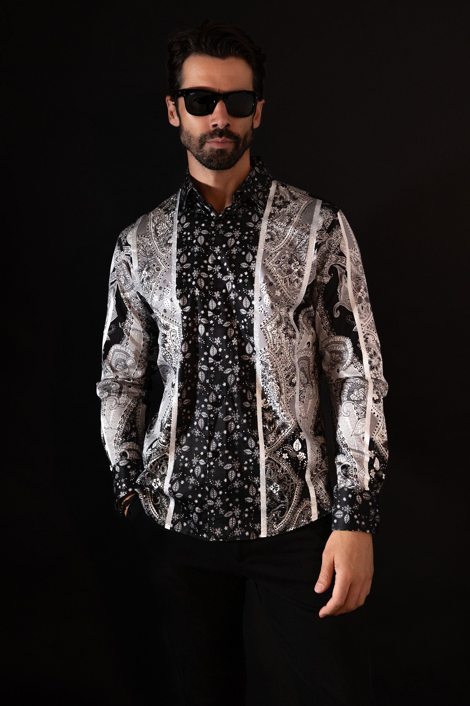 BARABAS Men's Rhinestone Eagle Long Sleeve Shirts 4SPR01 Black