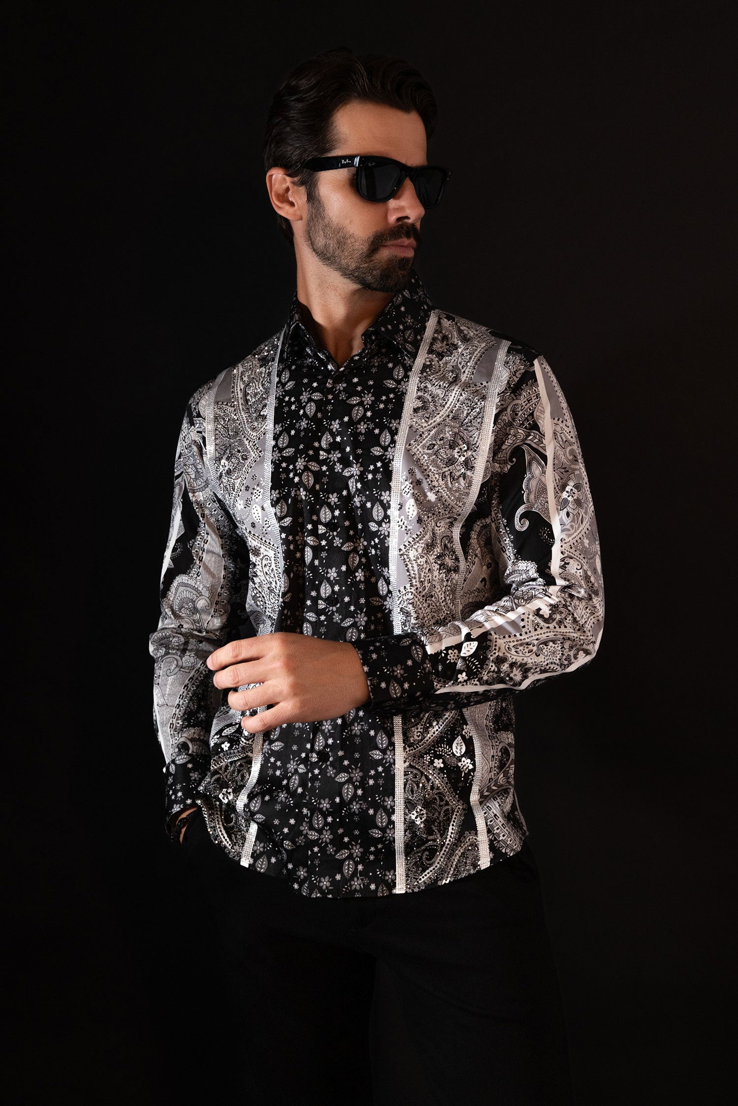 BARABAS Men's Rhinestone Eagle Long Sleeve Shirts 4SPR01 Black