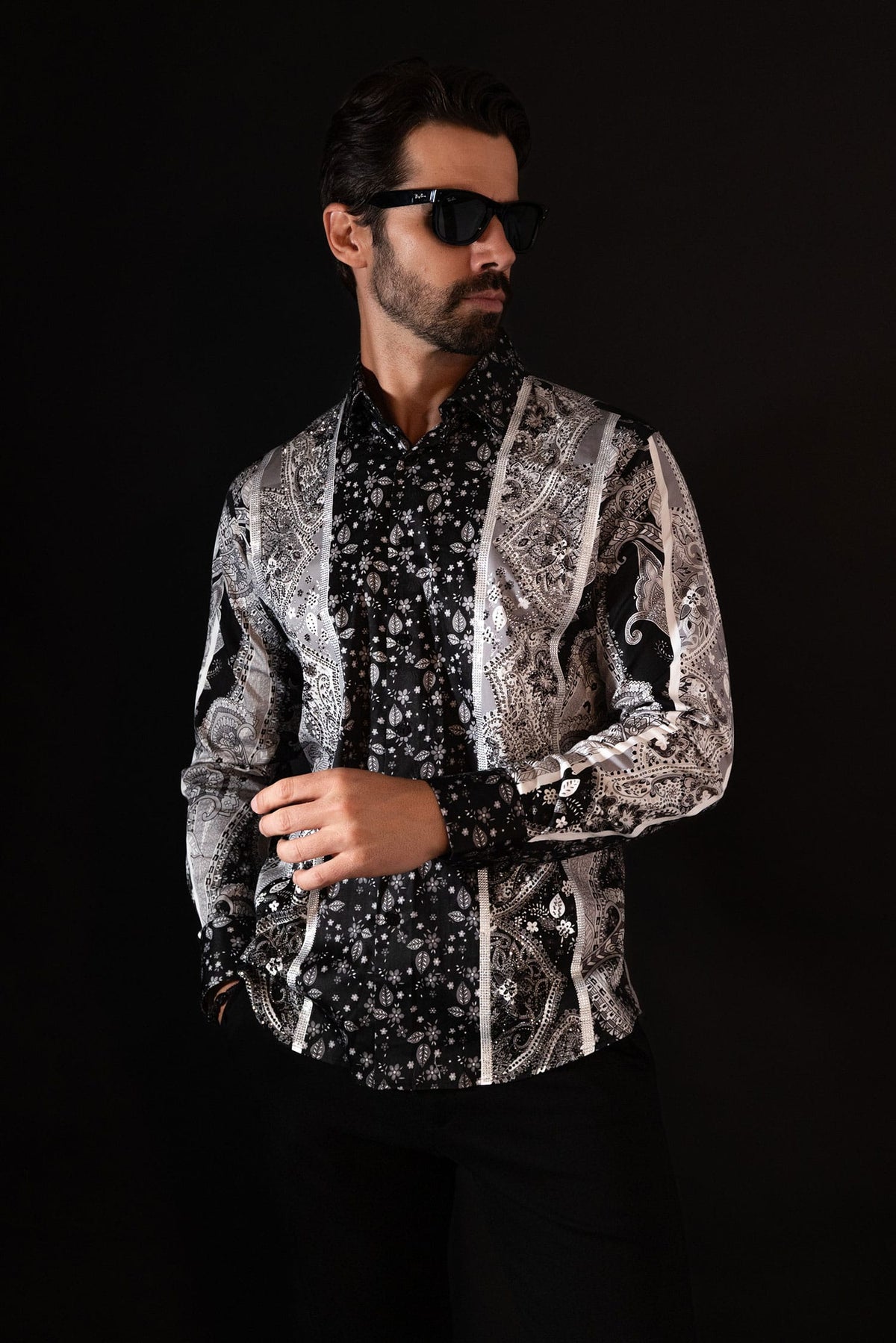 BARABAS Men's Rhinestone Eagle Long Sleeve Shirts 4SPR01 Black